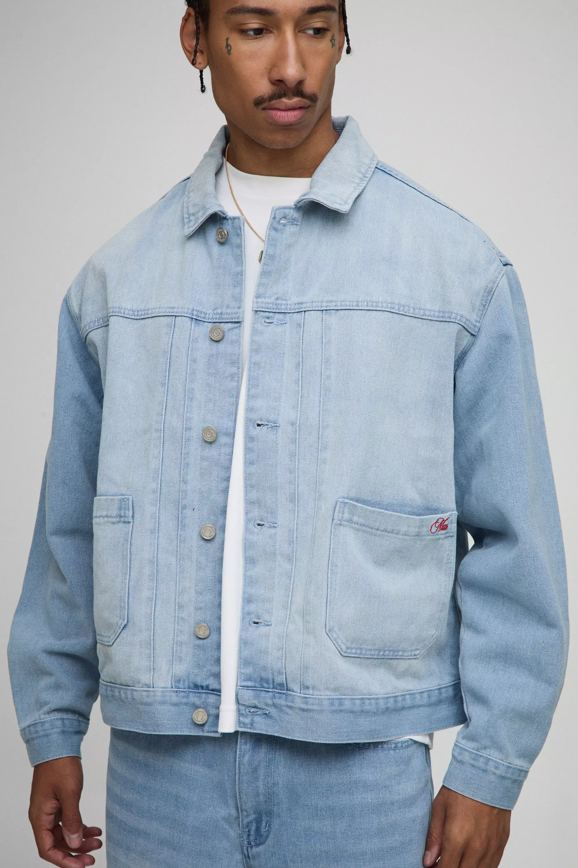 Oversized Boxy Fit Panelled Denim Harrington Jacket | boohooMAN AU