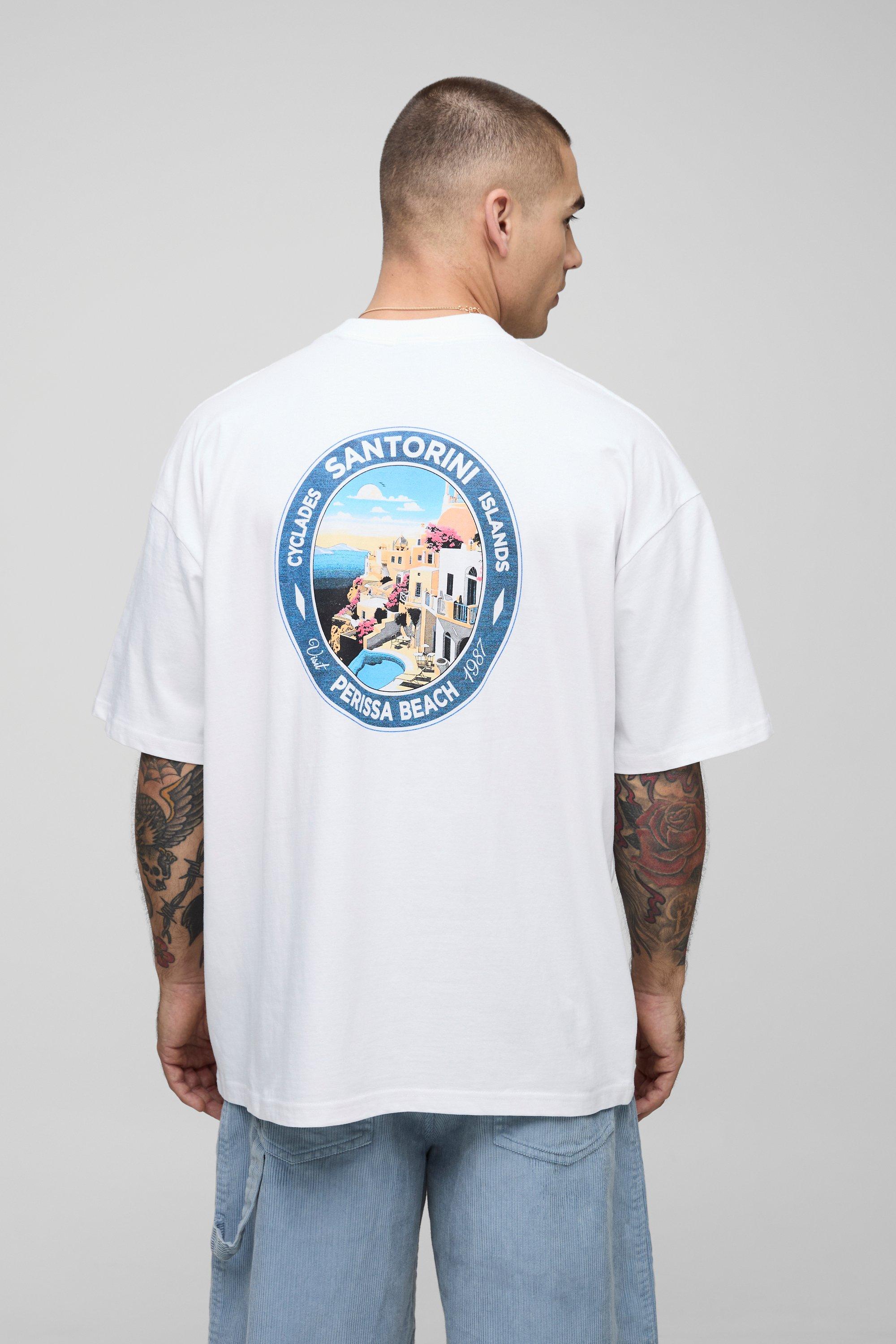 White Oversized Extended Neck Santorini Island Landscape T-Shirt | boohooMAN USA