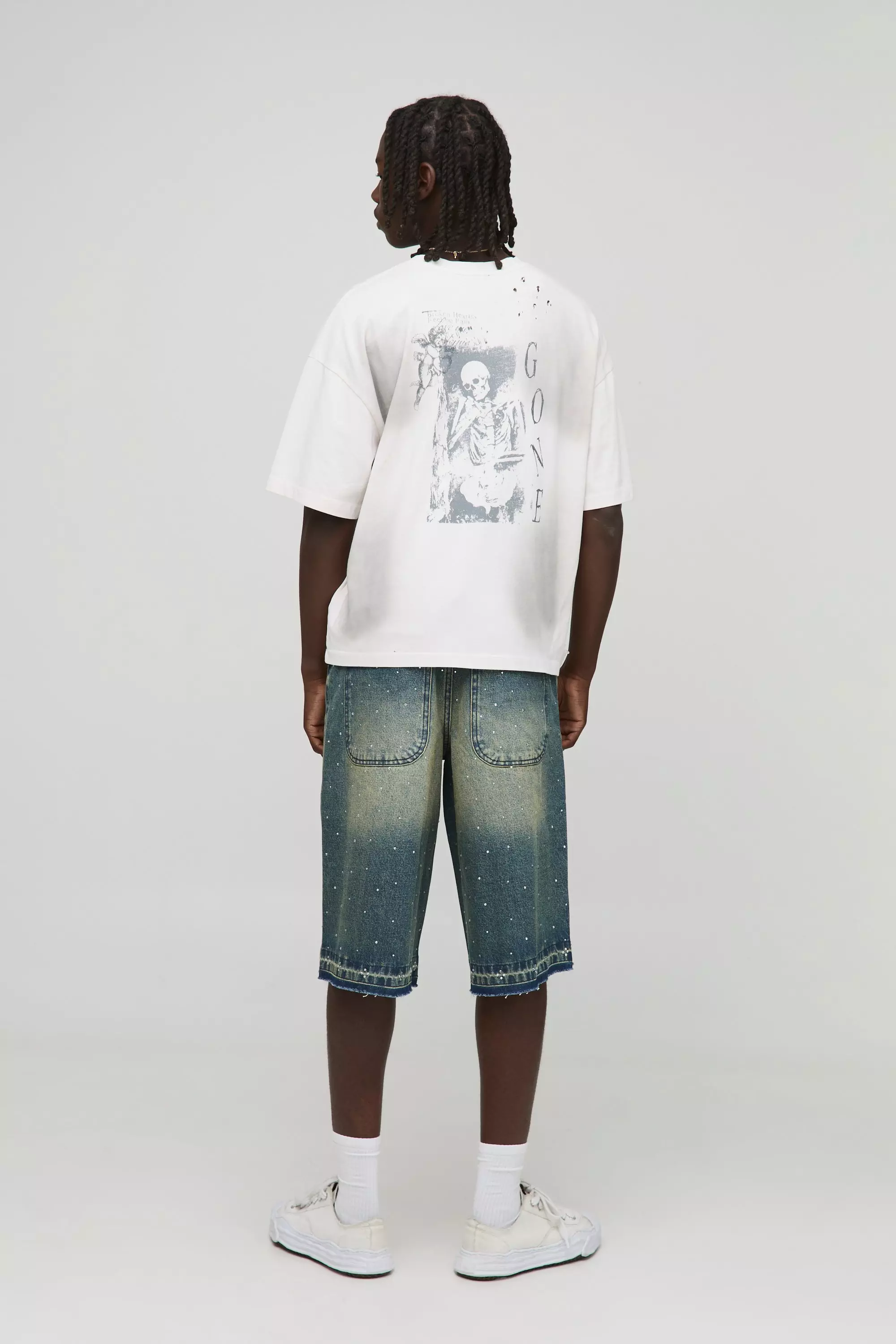Longline Embellished Let Down Hem Denim Jorts | boohooMAN