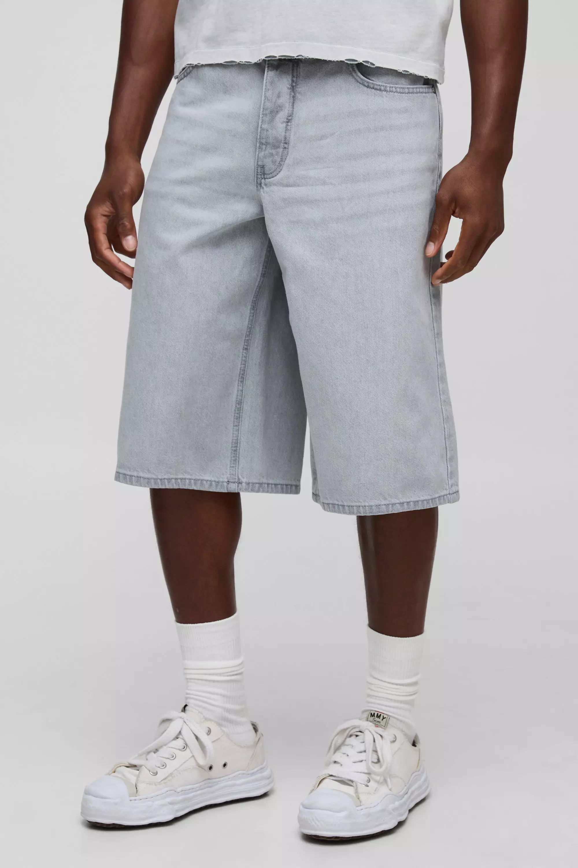 Longline Washed Buckle Adjuster Denim Jorts | boohooMAN USA