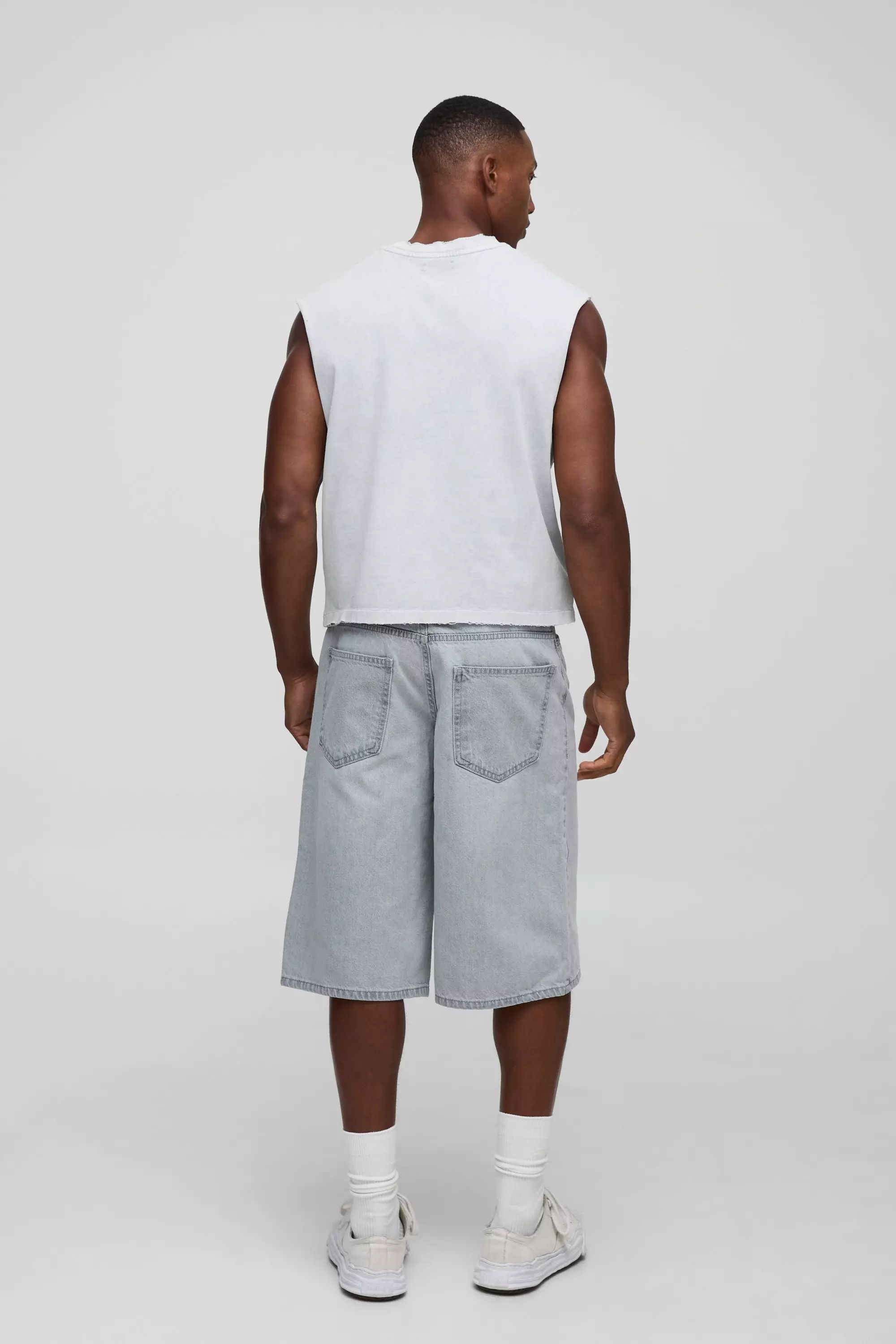 Longline Washed Buckle Adjuster Denim Jorts | boohooMAN USA