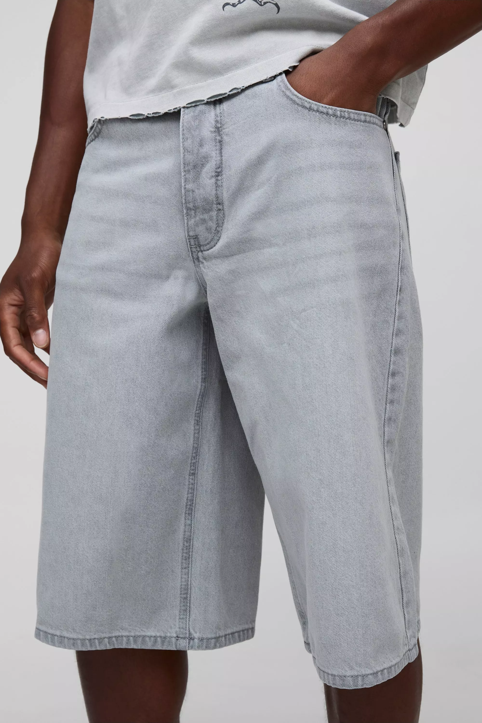 Longline Washed Buckle Adjuster Denim Jorts | boohooMAN USA