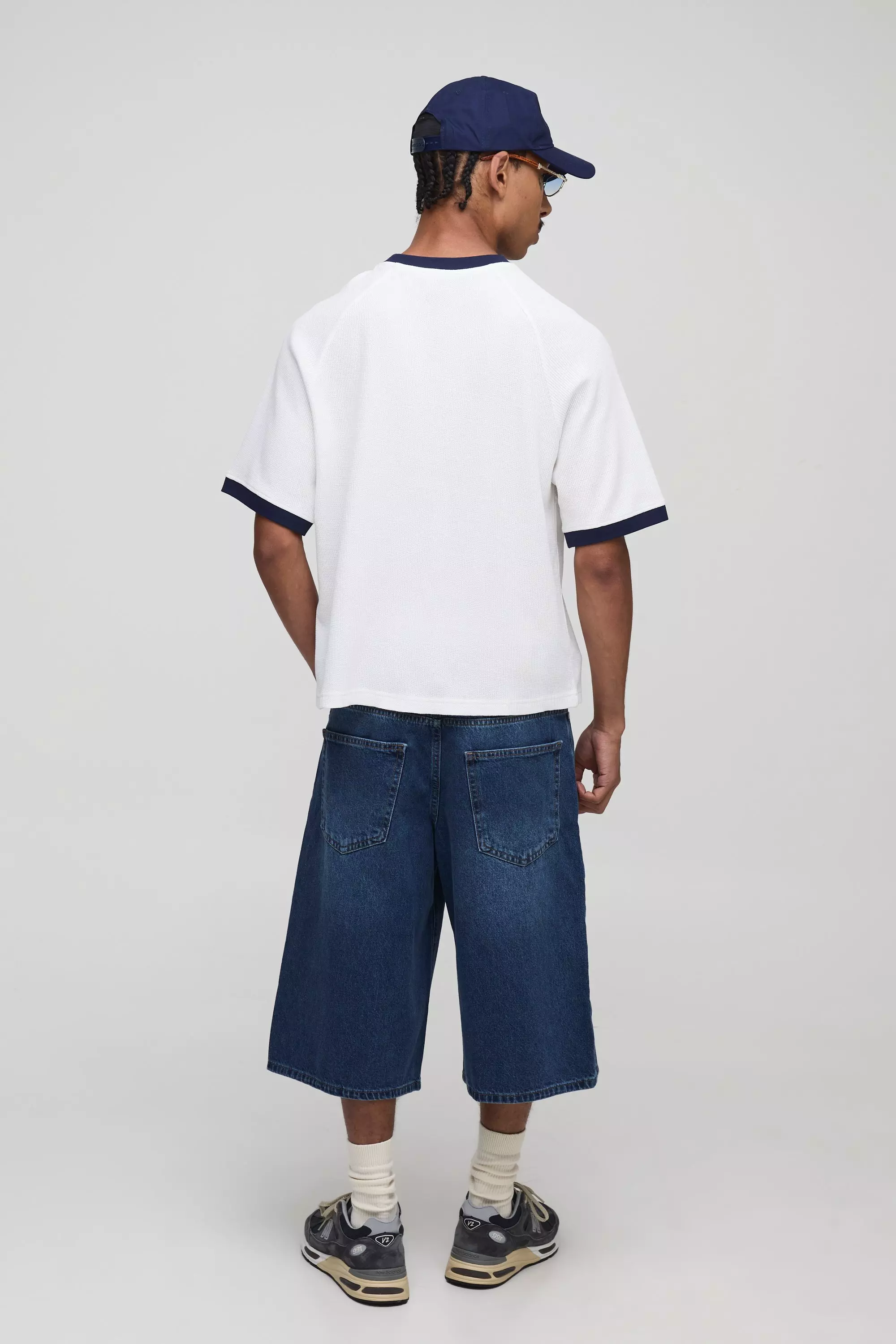 Longline Washed Buckle Adjuster Denim Jorts | boohooMAN USA