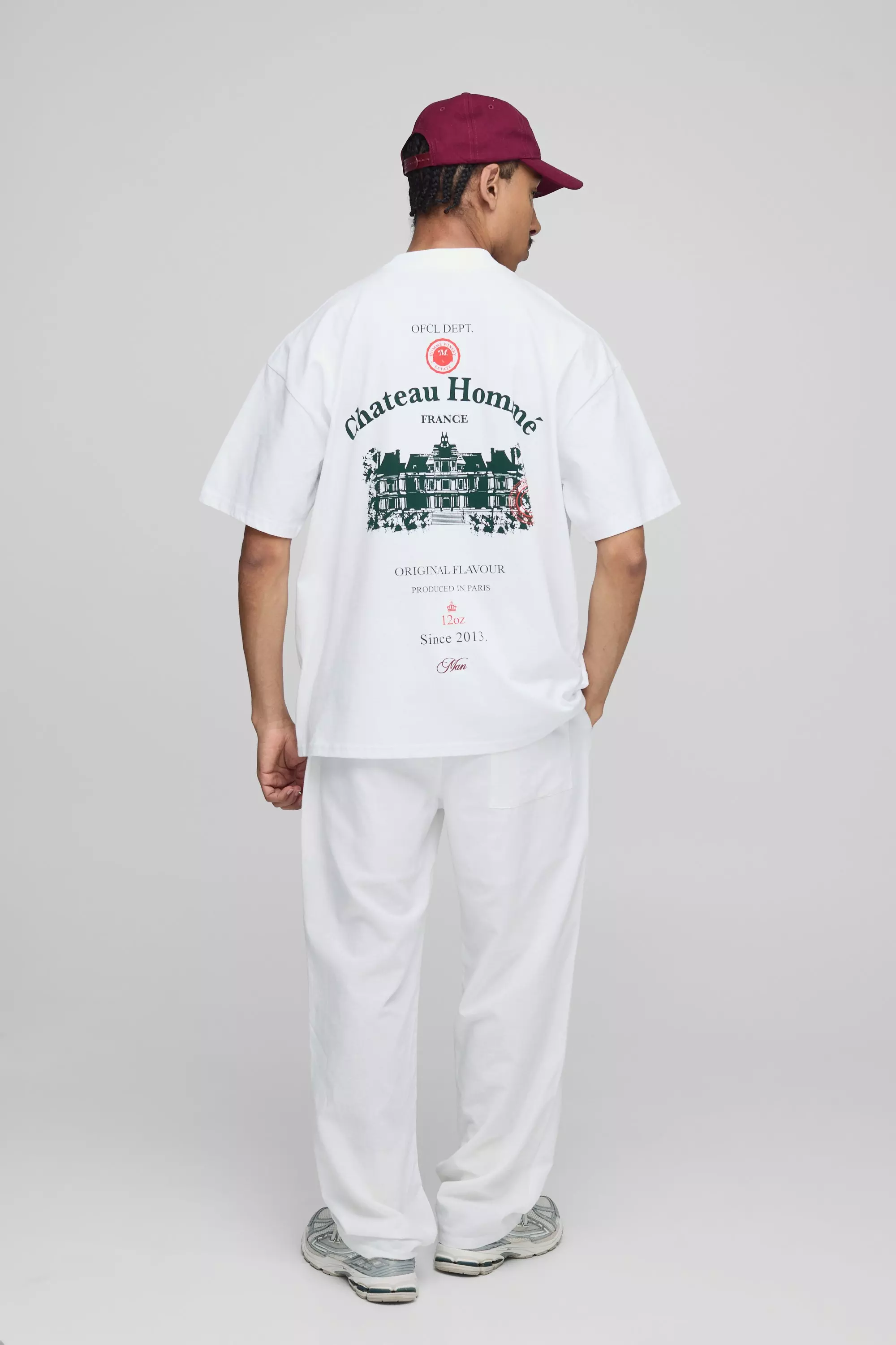 White Oversized Extended Neck Chateau Print T-Shirt | boohooMAN USA