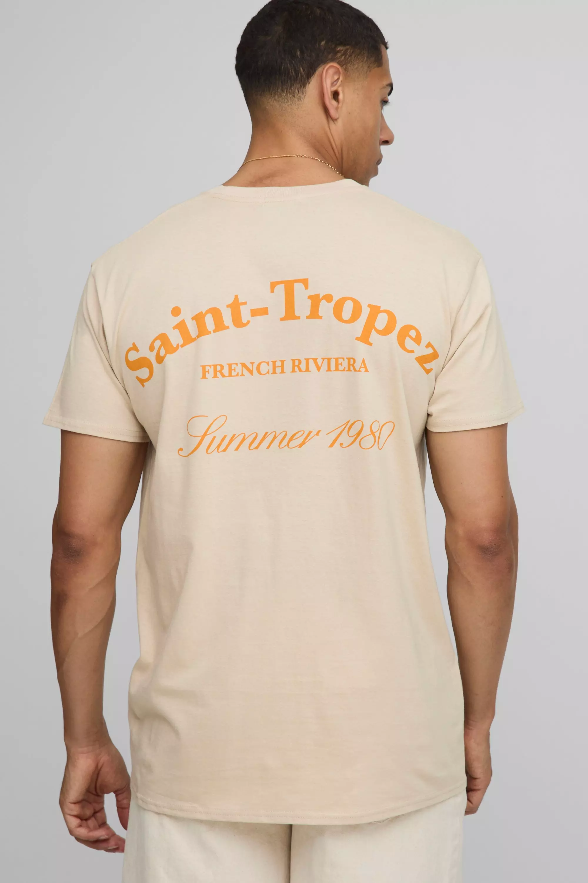 Sand Beige Oversized Saint Tropez Print T-Shirt