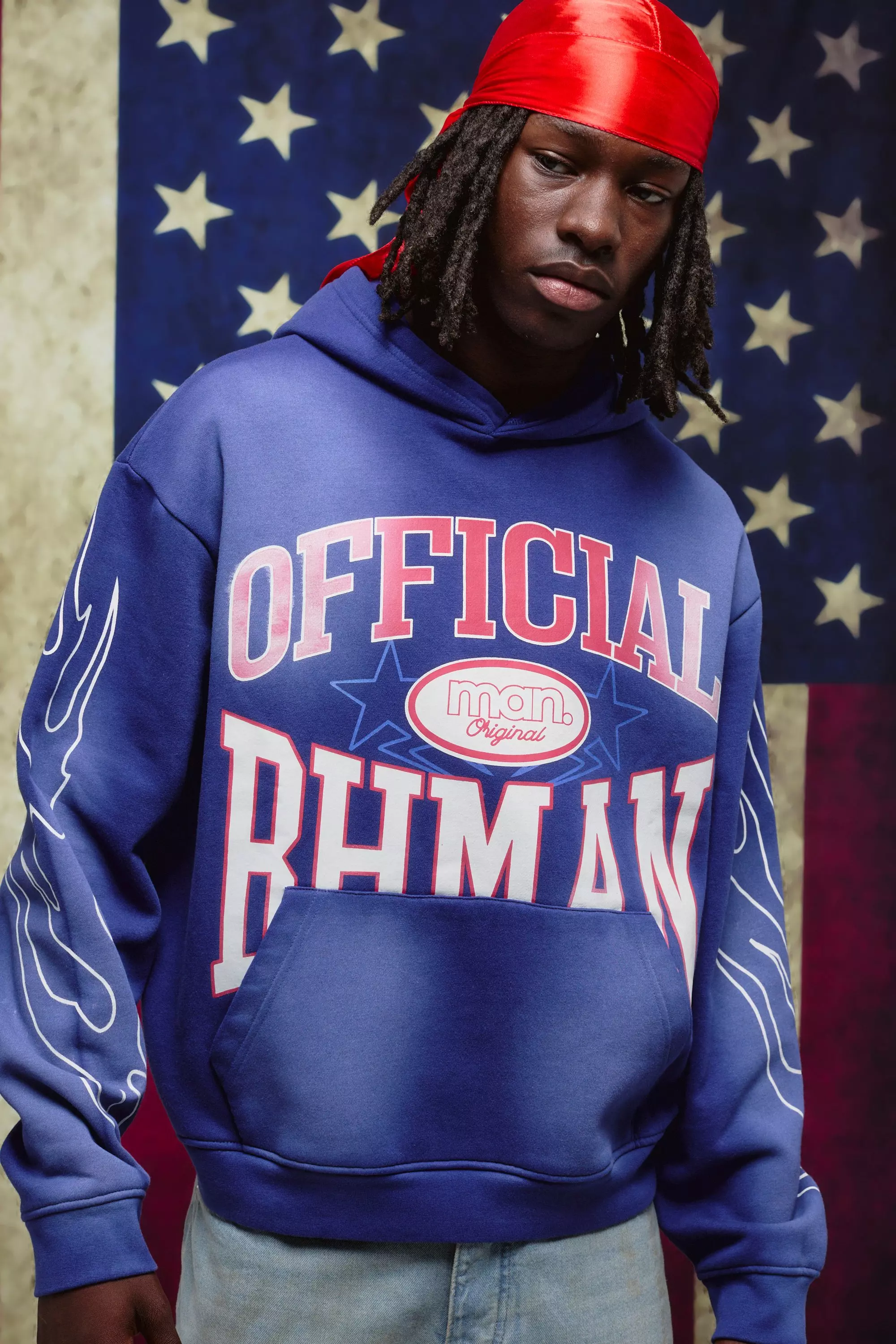 Blue Oversized Boxy Spray Washed Graphic Hoodie | boohooMAN USA