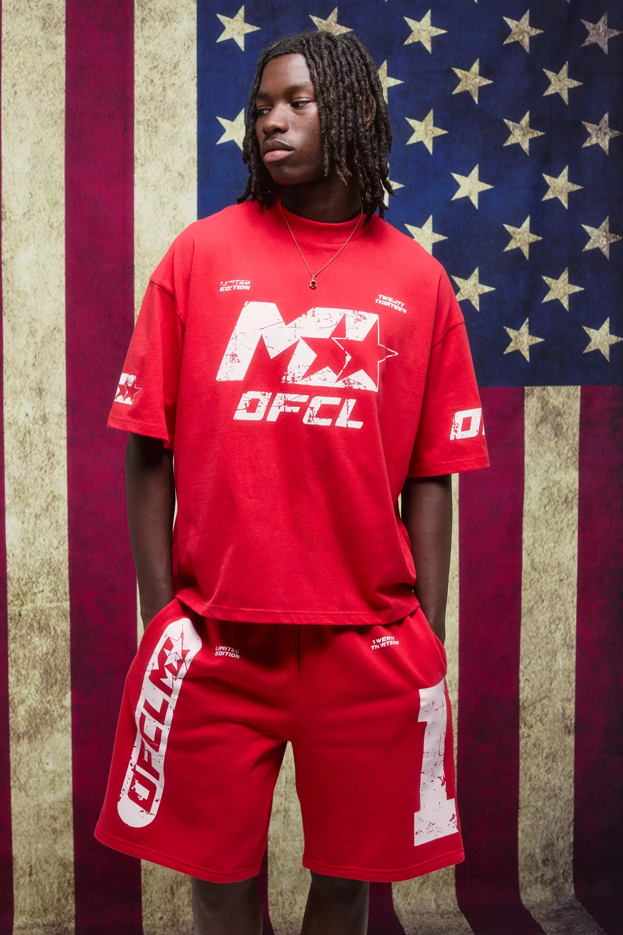 Red Oversized Boxy Extended Neck Graphic T-Shirt And Oversized Short Set | boohooMAN USA