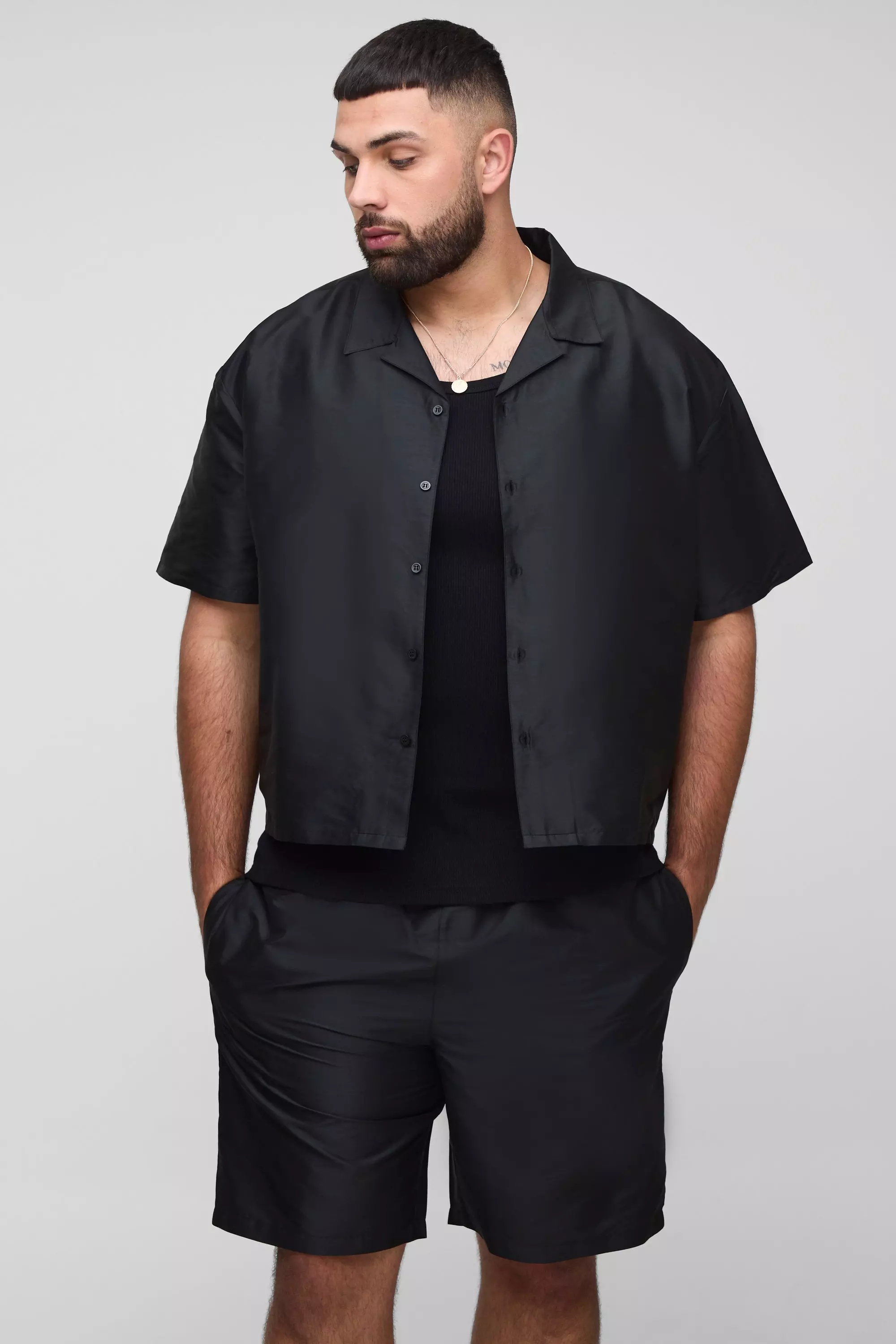 Plus Oversized Boxy Taffeta Shirt & Short Set | boohooMAN USA