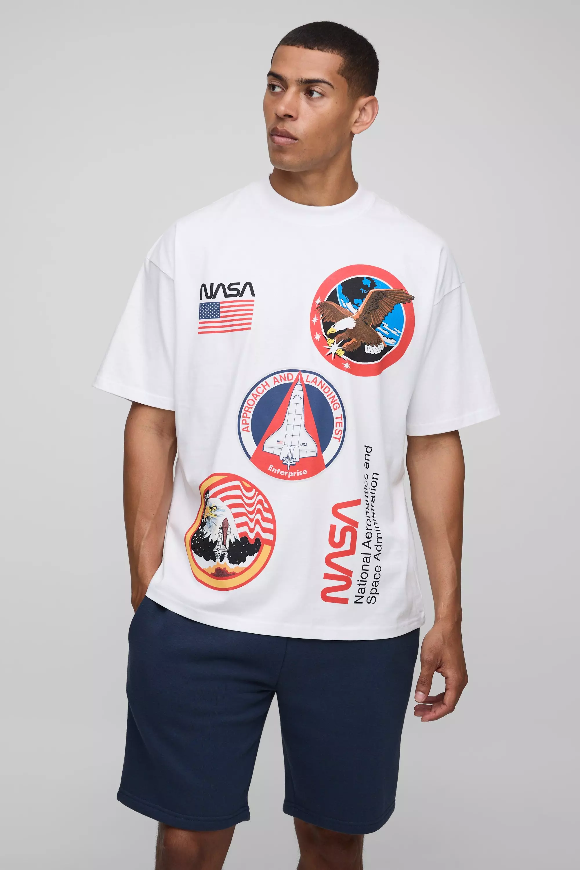White Oversized Extended Neck Nasa License T-Shirt White