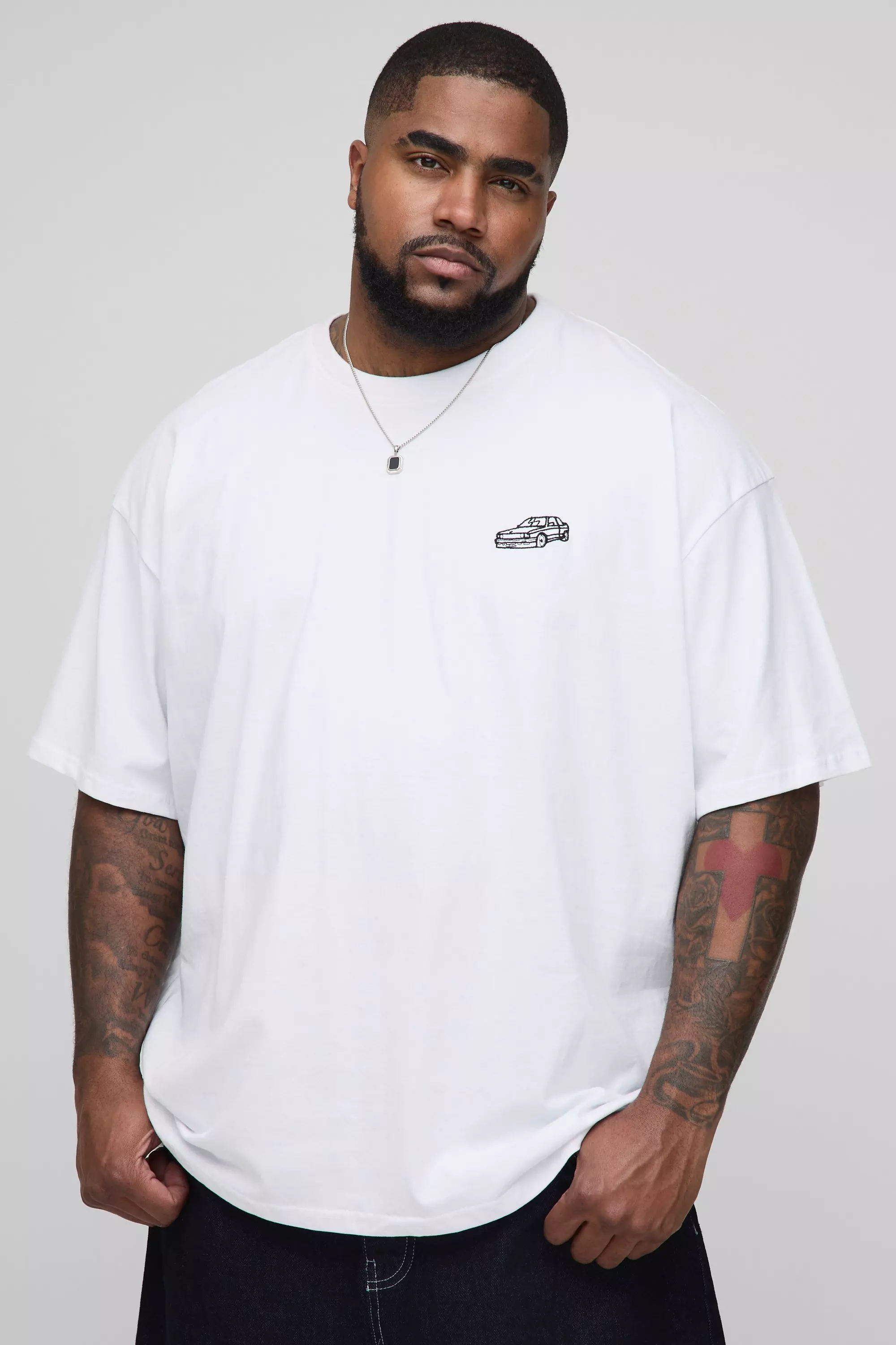 Plus Oversized Embroidered Car T-Shirt White