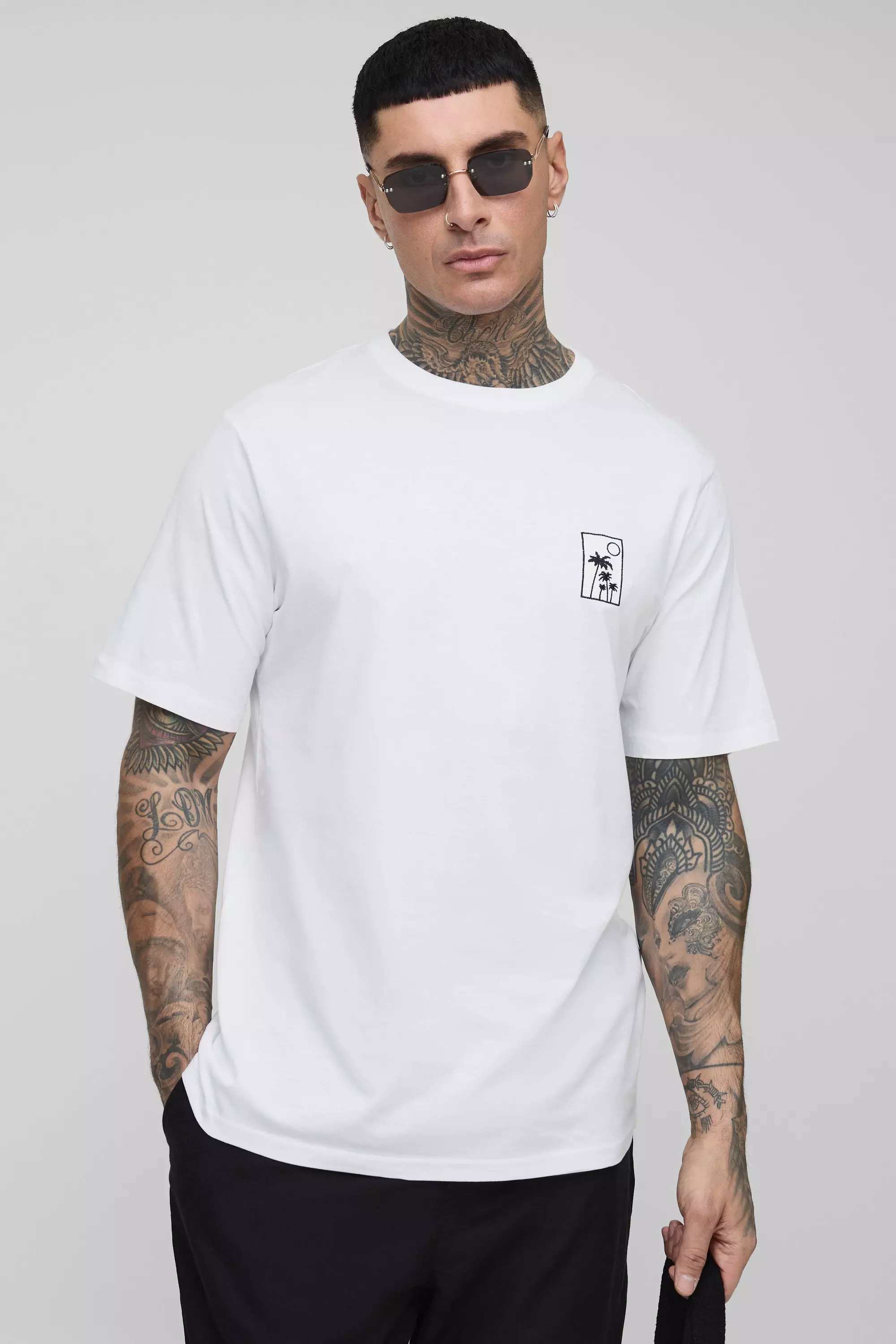 Tall Regular Fit Embroidered Palm Tree T-Shirt White