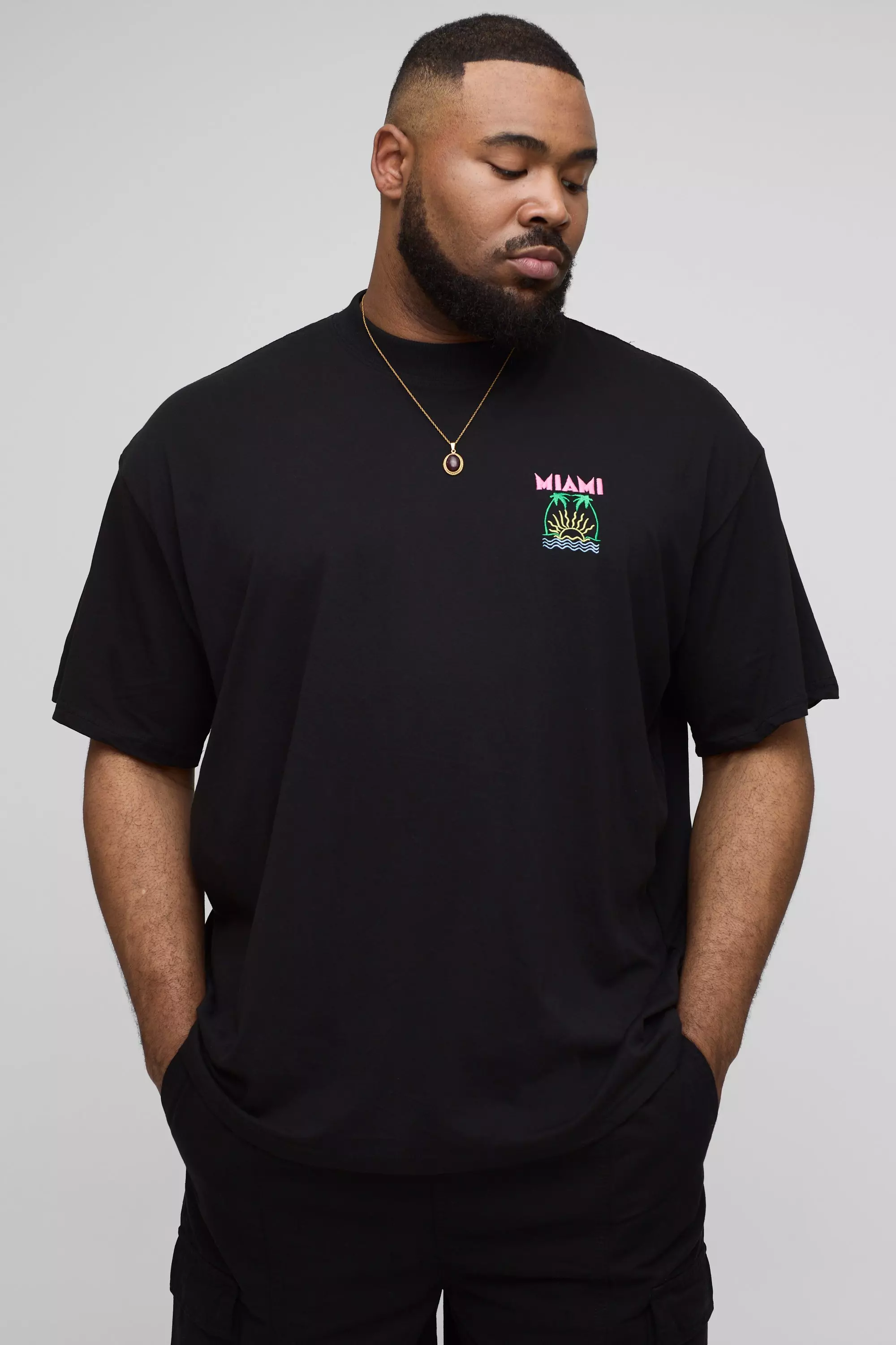 Plus Oversized Extended Neck Embroidered Miami Palm Tree T-Shirt | boohooMAN USA