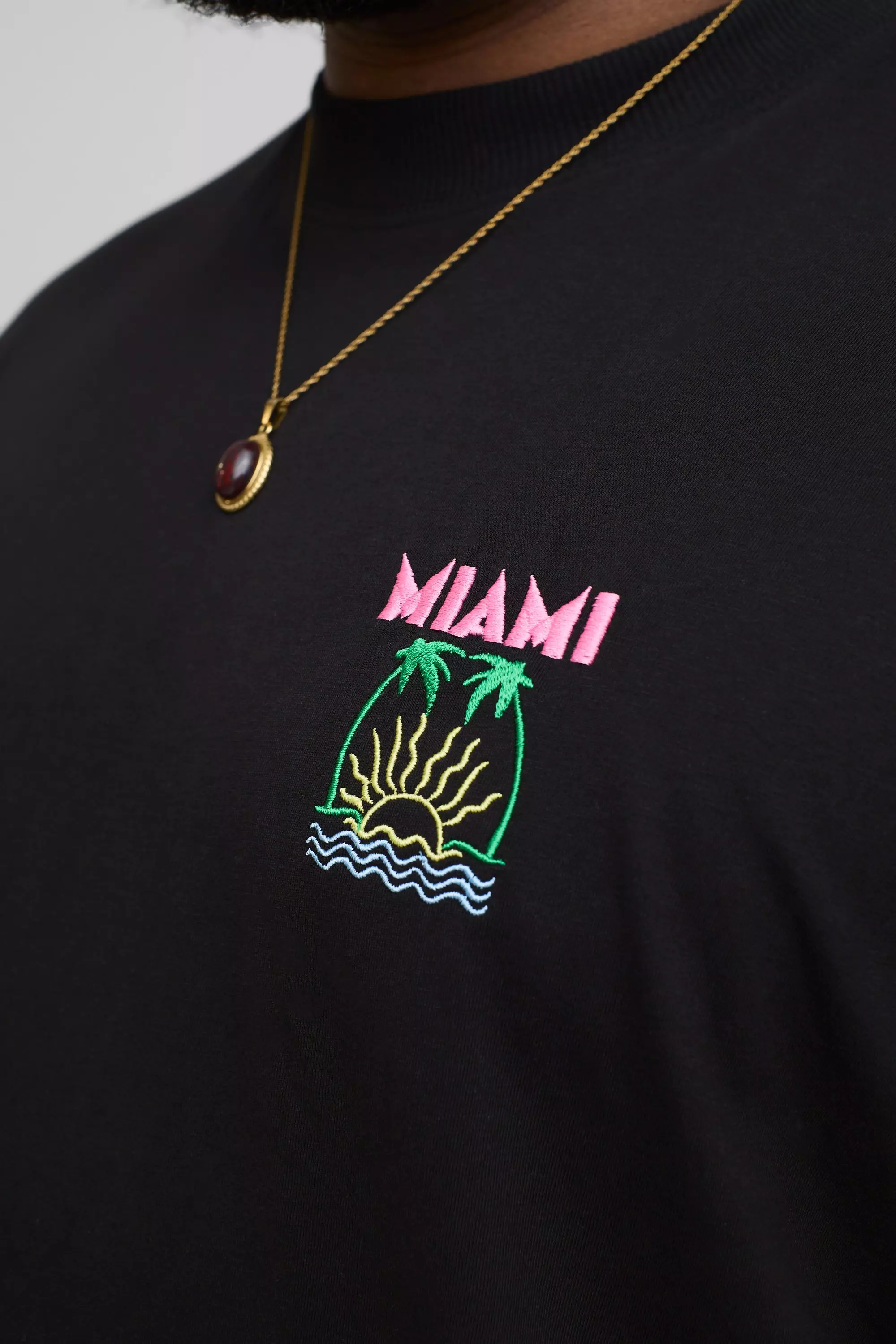 Plus Oversized Extended Neck Embroidered Miami Palm Tree T-Shirt | boohooMAN USA