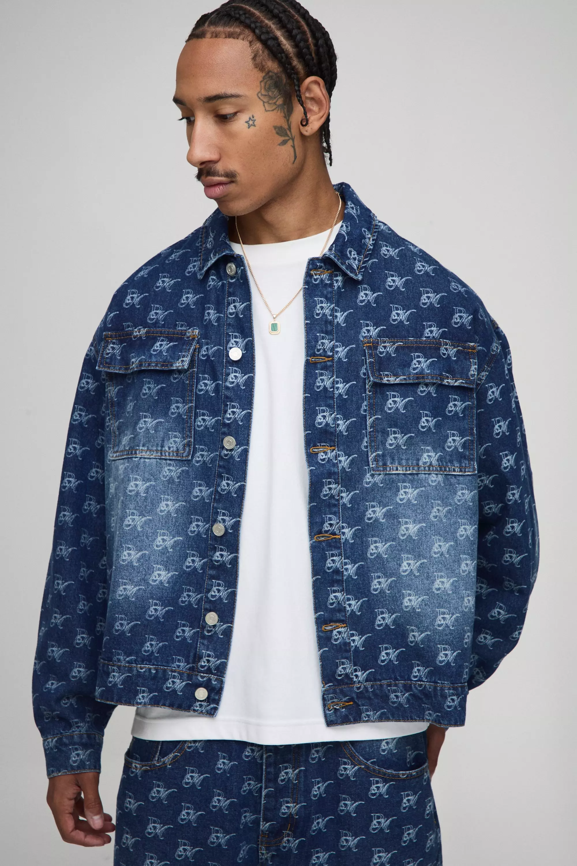Oversized Boxy Monogram Washed Denim Jacket | boohooMAN USA