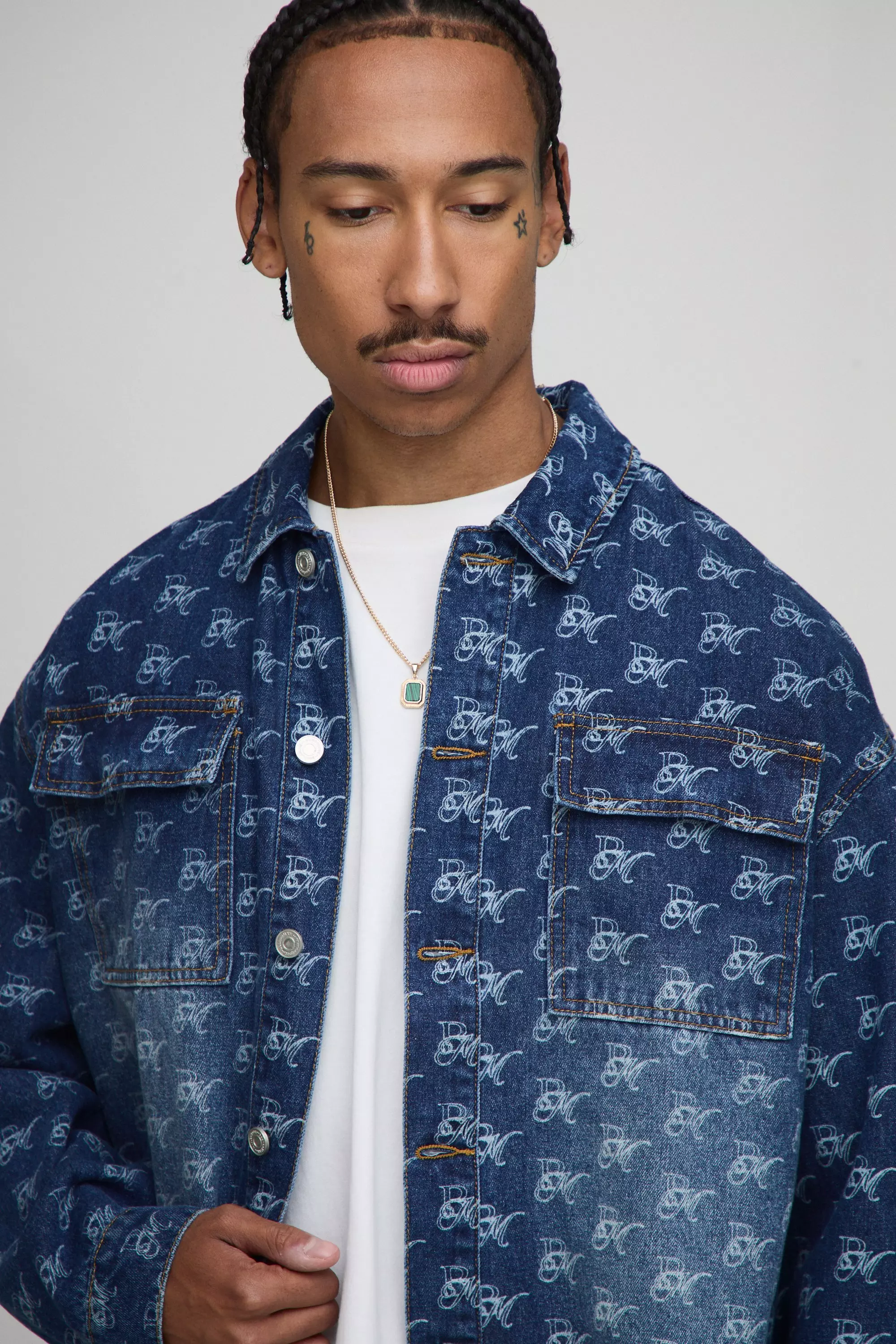 Oversized Boxy Monogram Washed Denim Jacket | boohooMAN USA