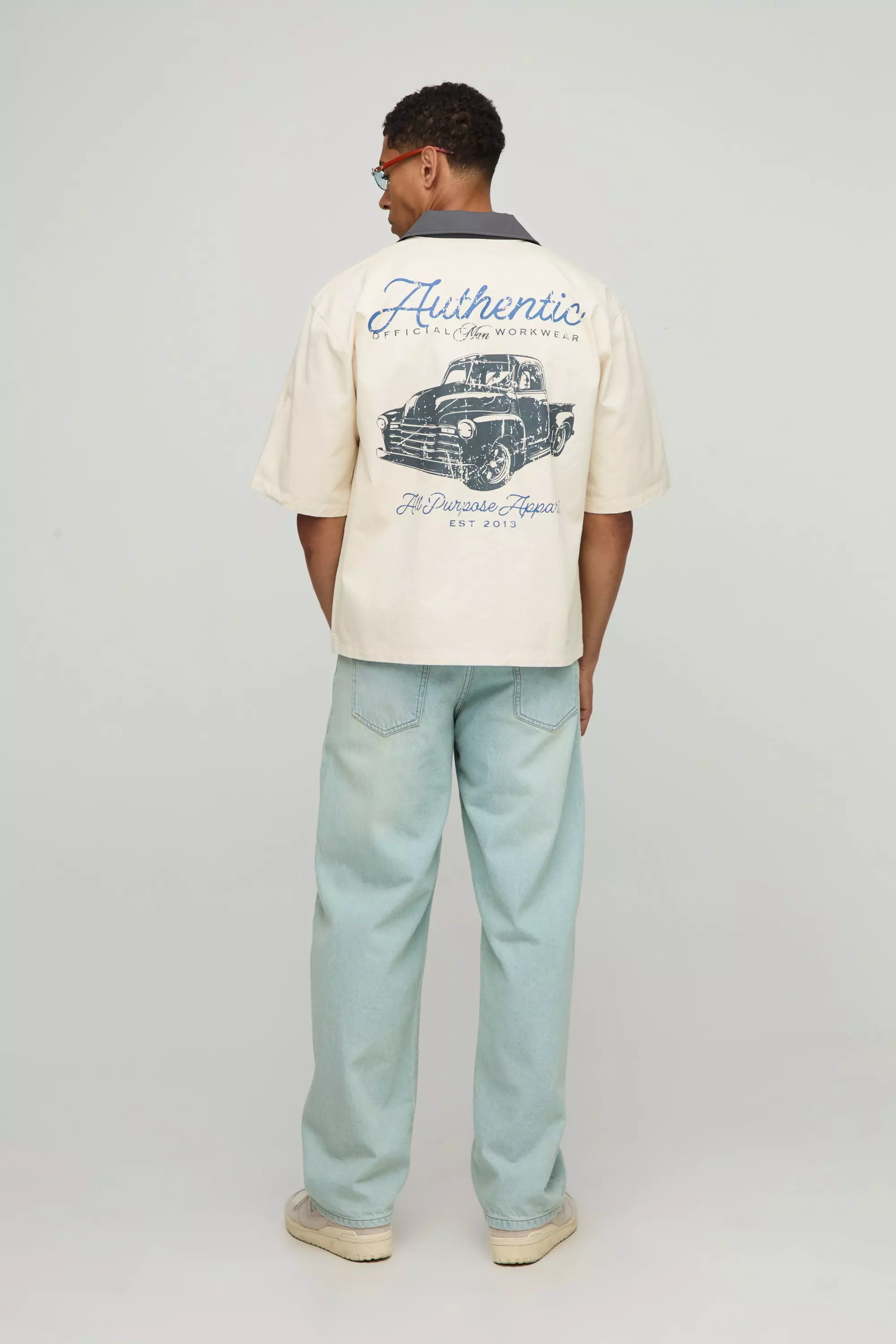 Oversized Graphic Contrast Collar Washed Collared Shirt | boohooMAN USA