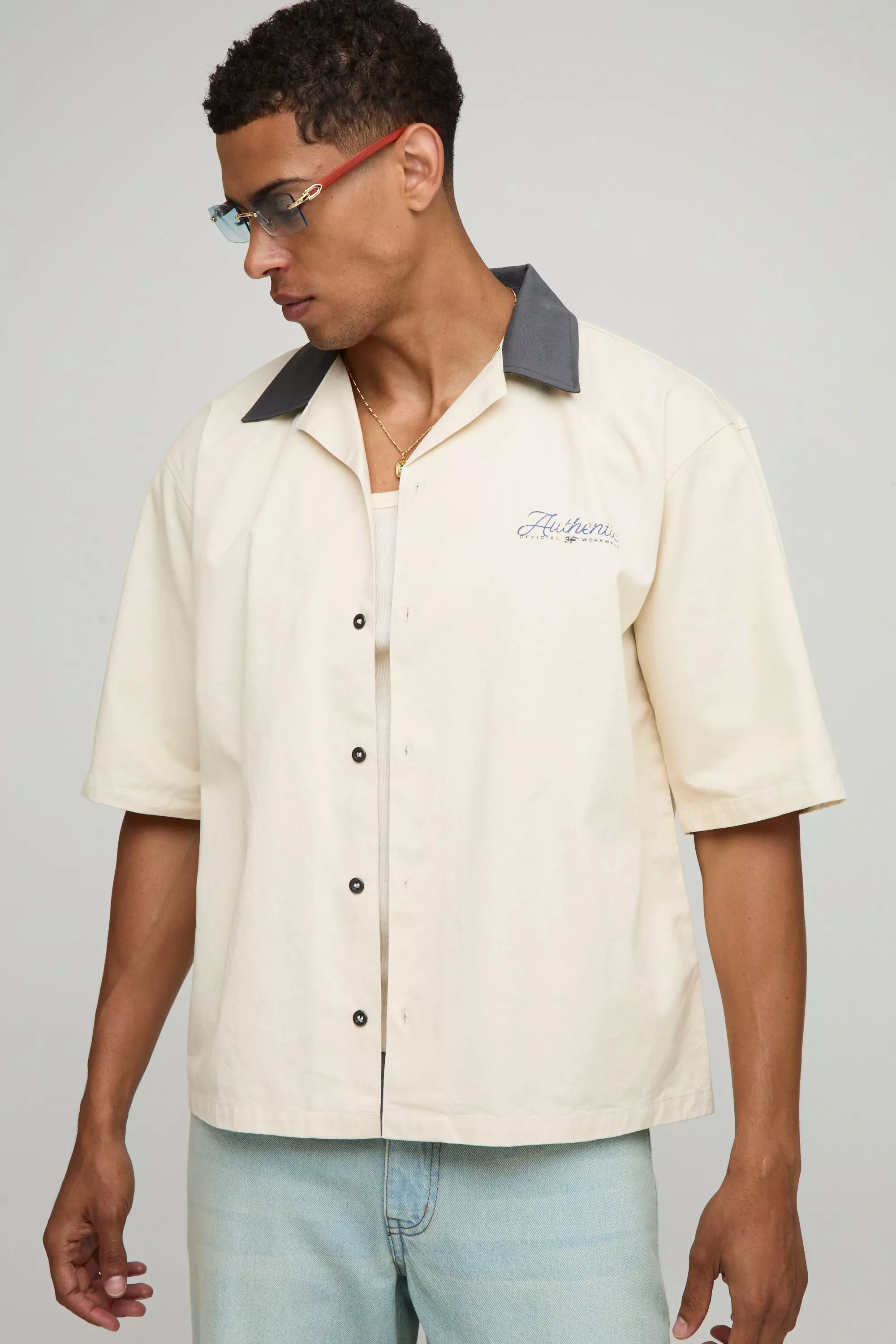 Oversized Graphic Contrast Collar Washed Collared Shirt | boohooMAN USA