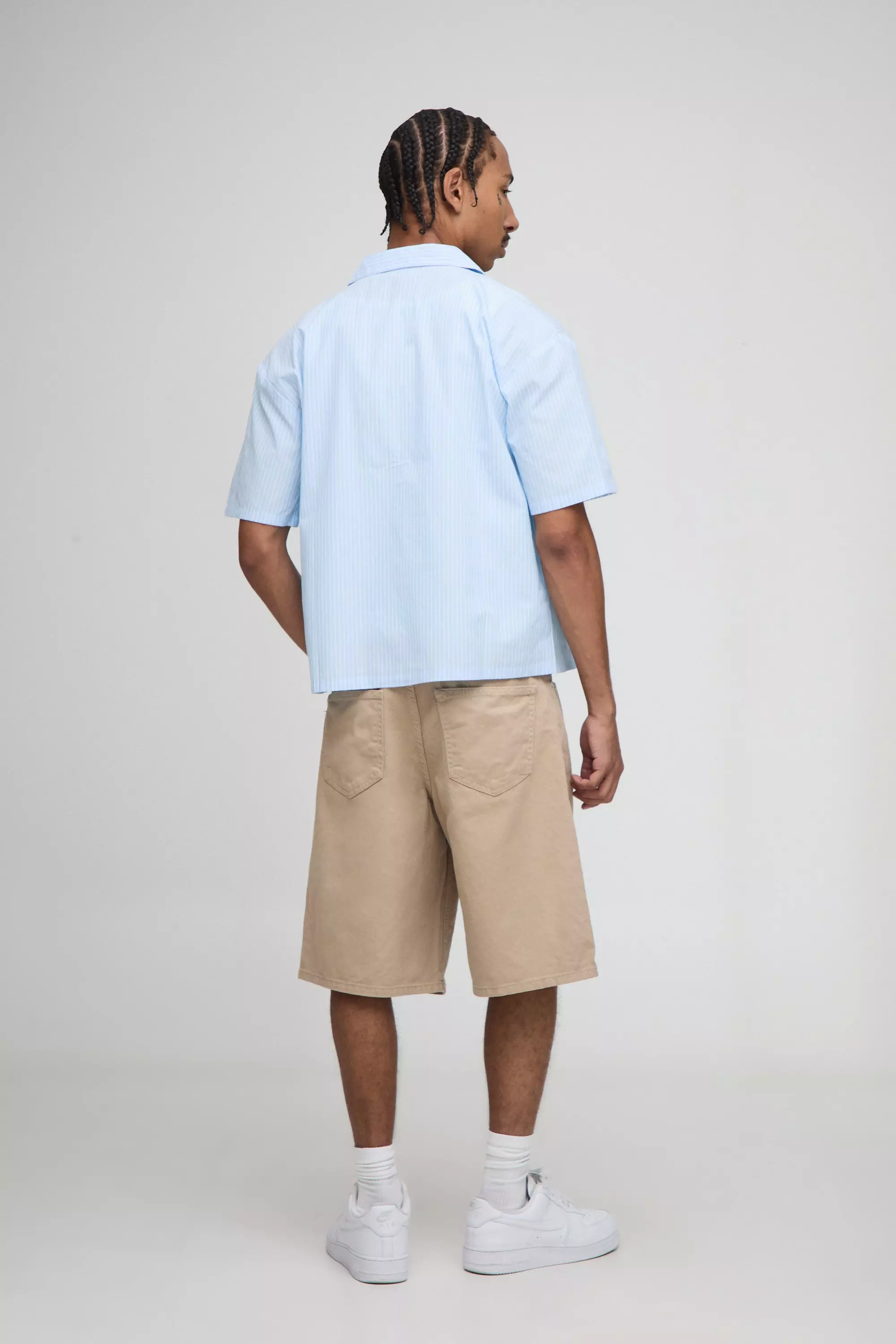 Oversized Boxy Revere Man Embroidered Stripe Shirt | boohooMAN USA