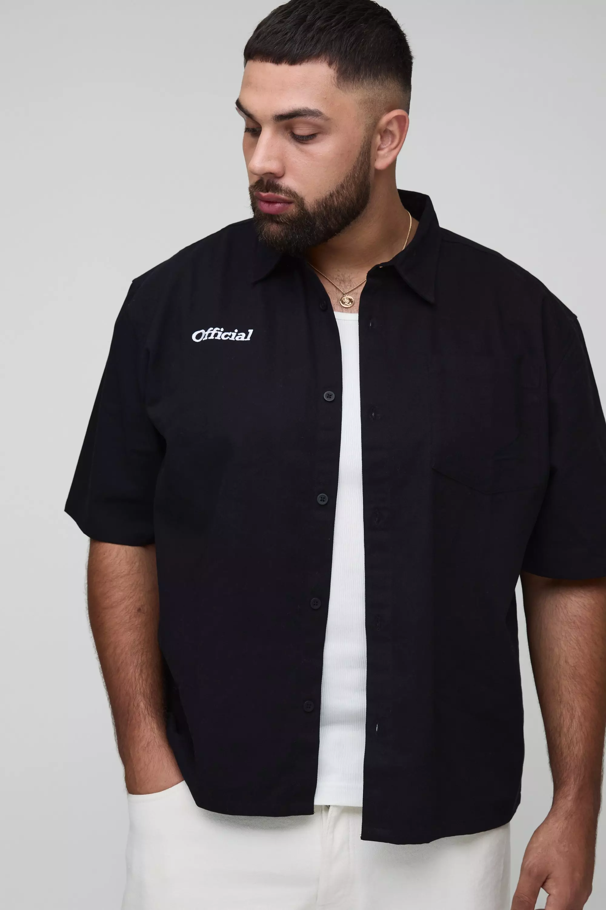 Plus Official Embroidered Short Sleeve Shirt | boohooMAN USA