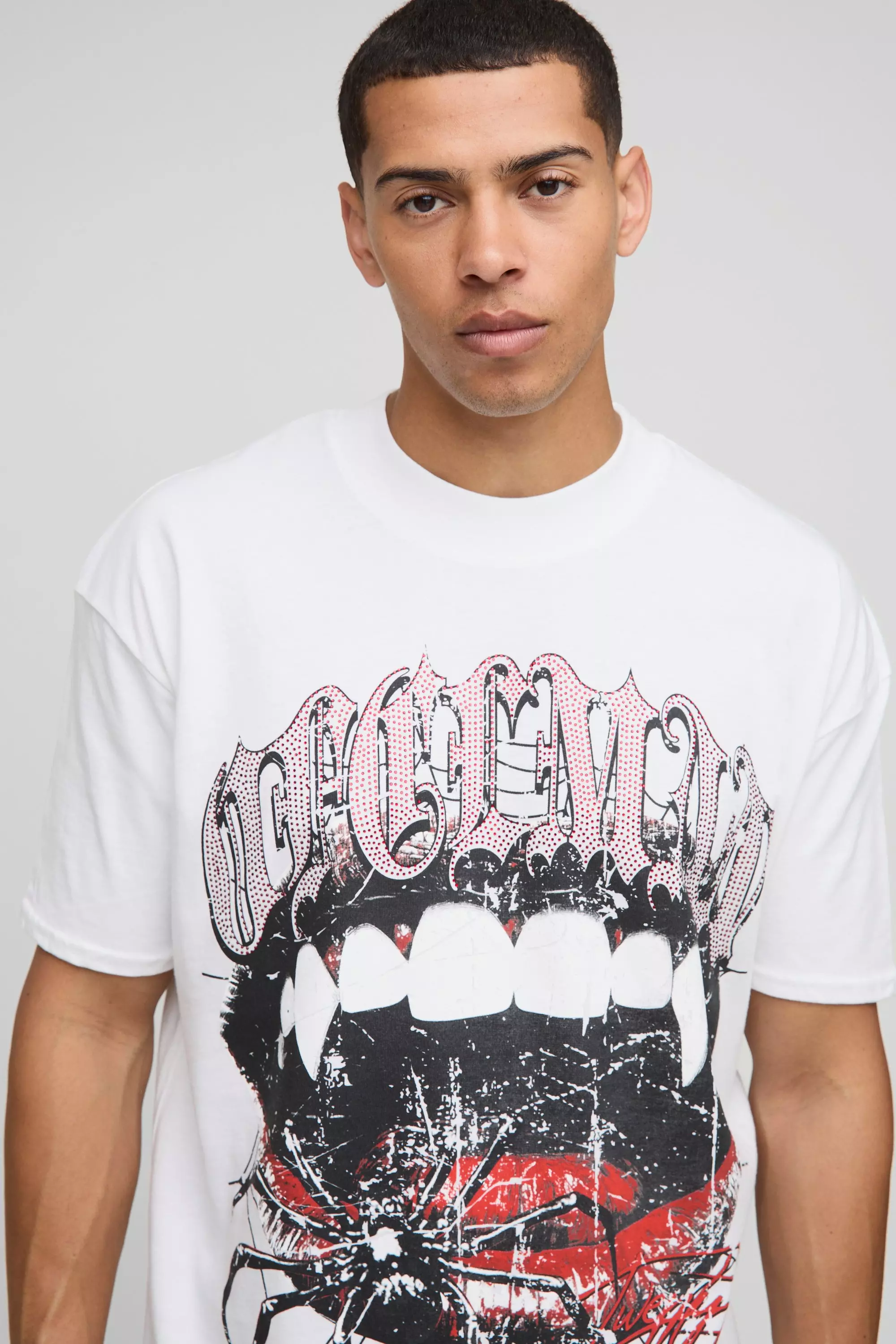White Oversized Extended Neck Ofcl Man Rhinestone Spider T-Shirt | boohooMAN USA