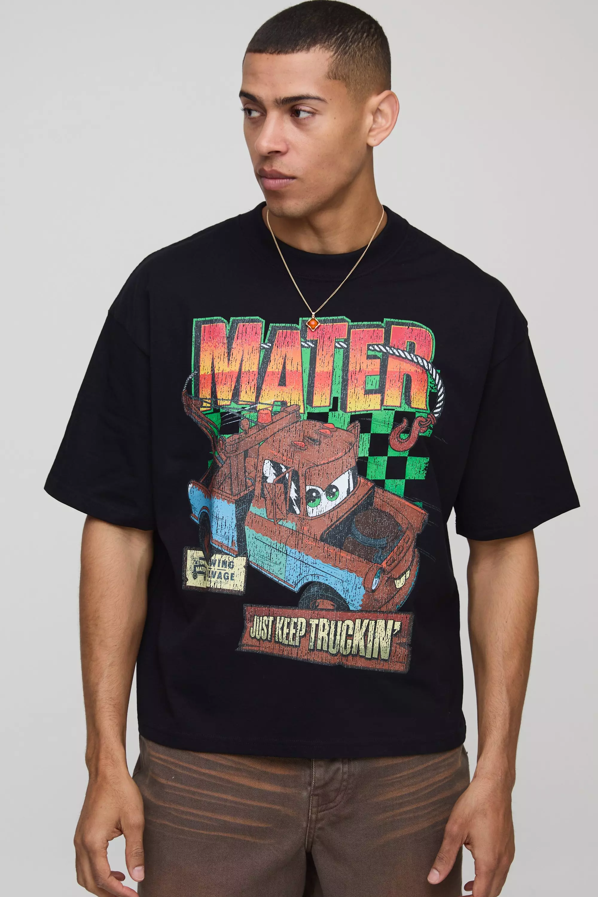 Black Oversized Boxy Extended Neck Disney Cars License T-Shirt Black