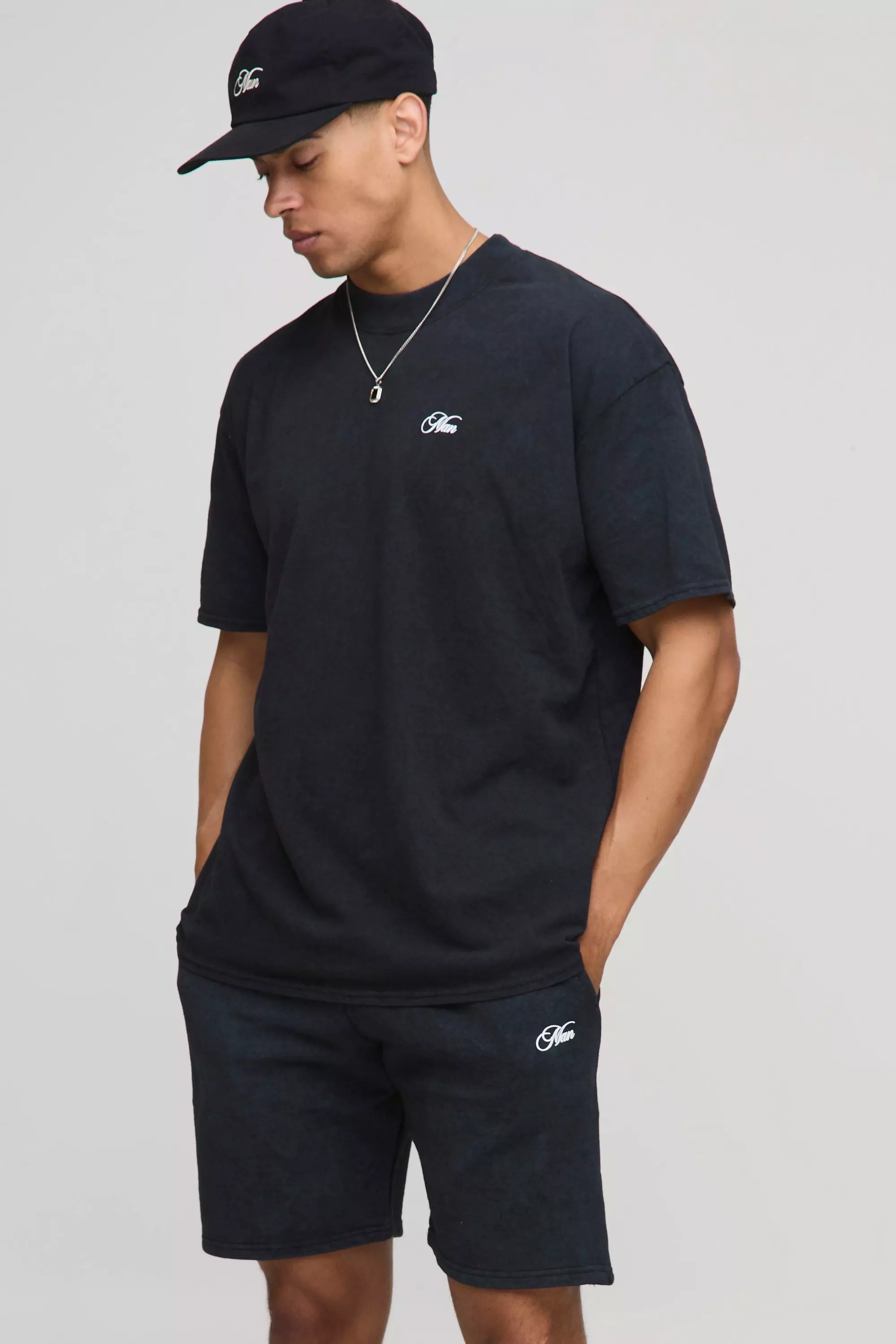 Oversized Man Script Washed T-Shirt And Short Set Grey