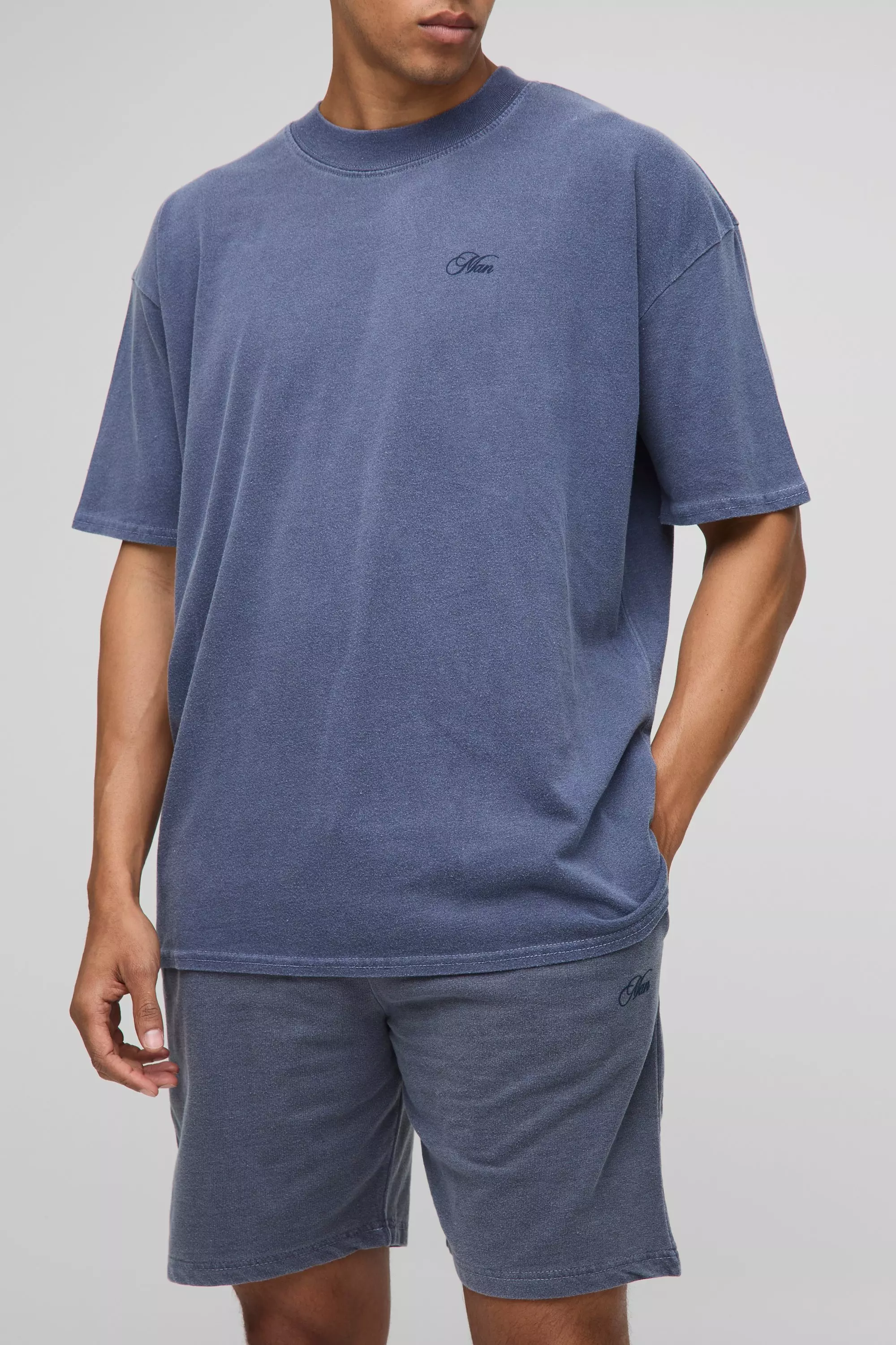 Oversized Man Script Washed T-Shirt And Short Set Navy