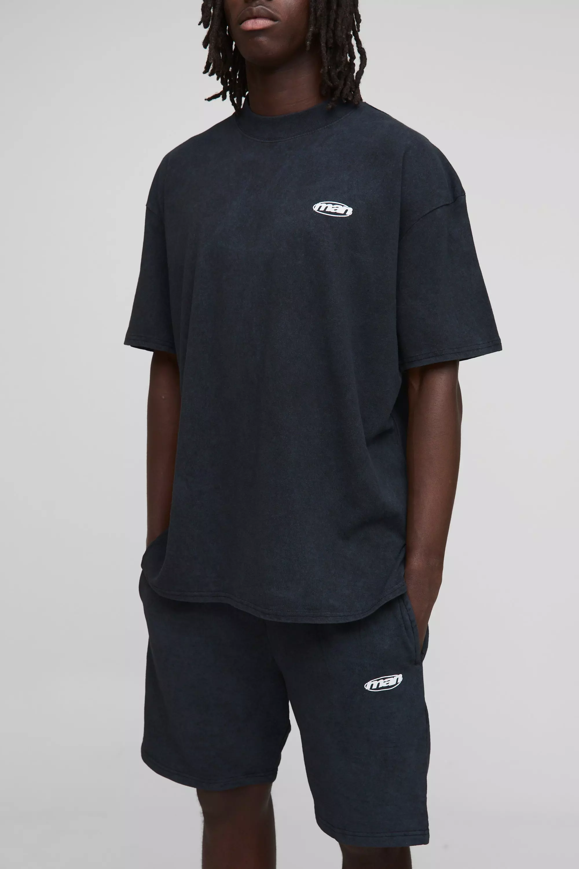 Oversized MAN Washed Extended Neck T-Shirt And Short Set Grey