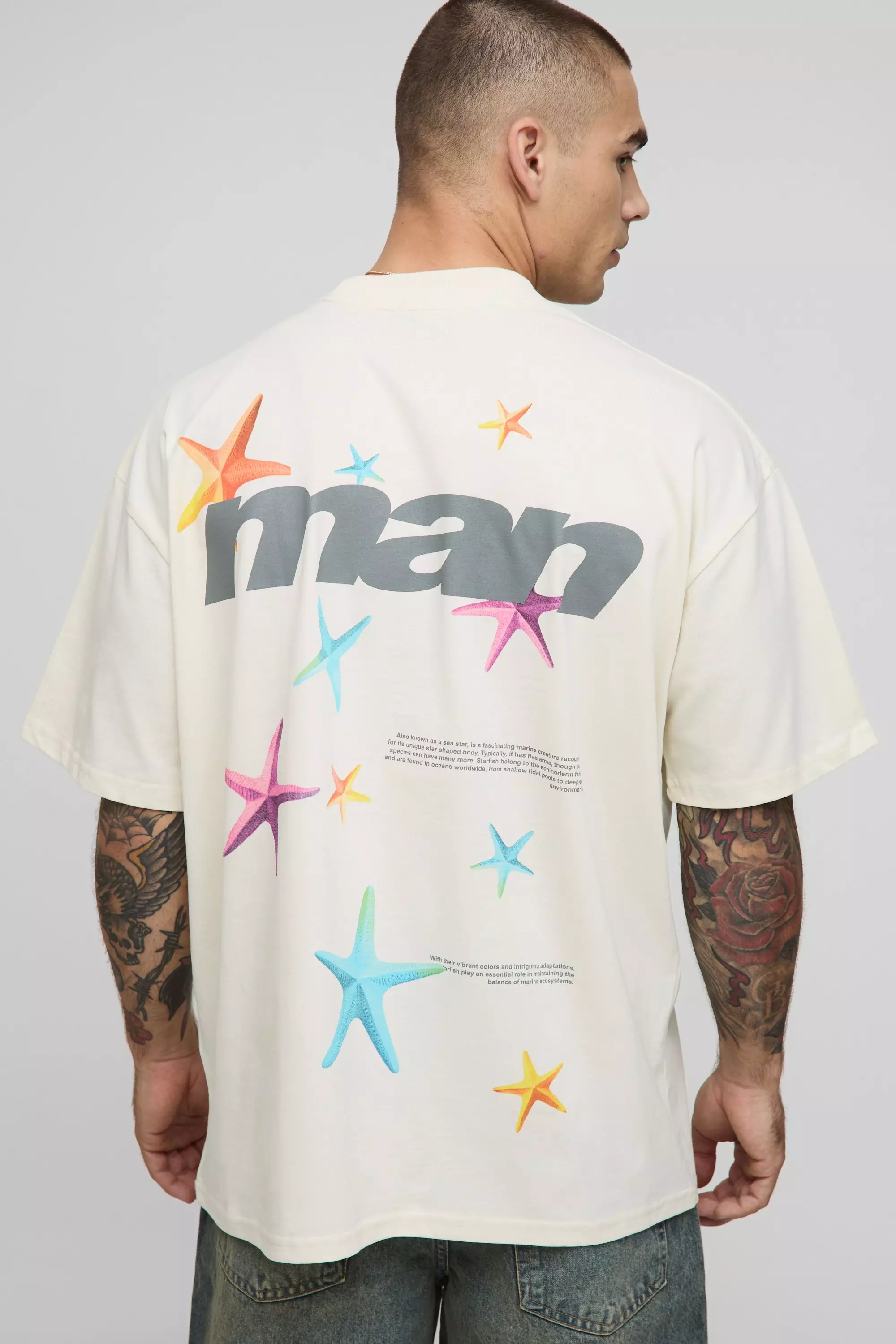 Ecru Oversized Extended Neck Man Multi Star Print T-Shirt | boohooMAN USA