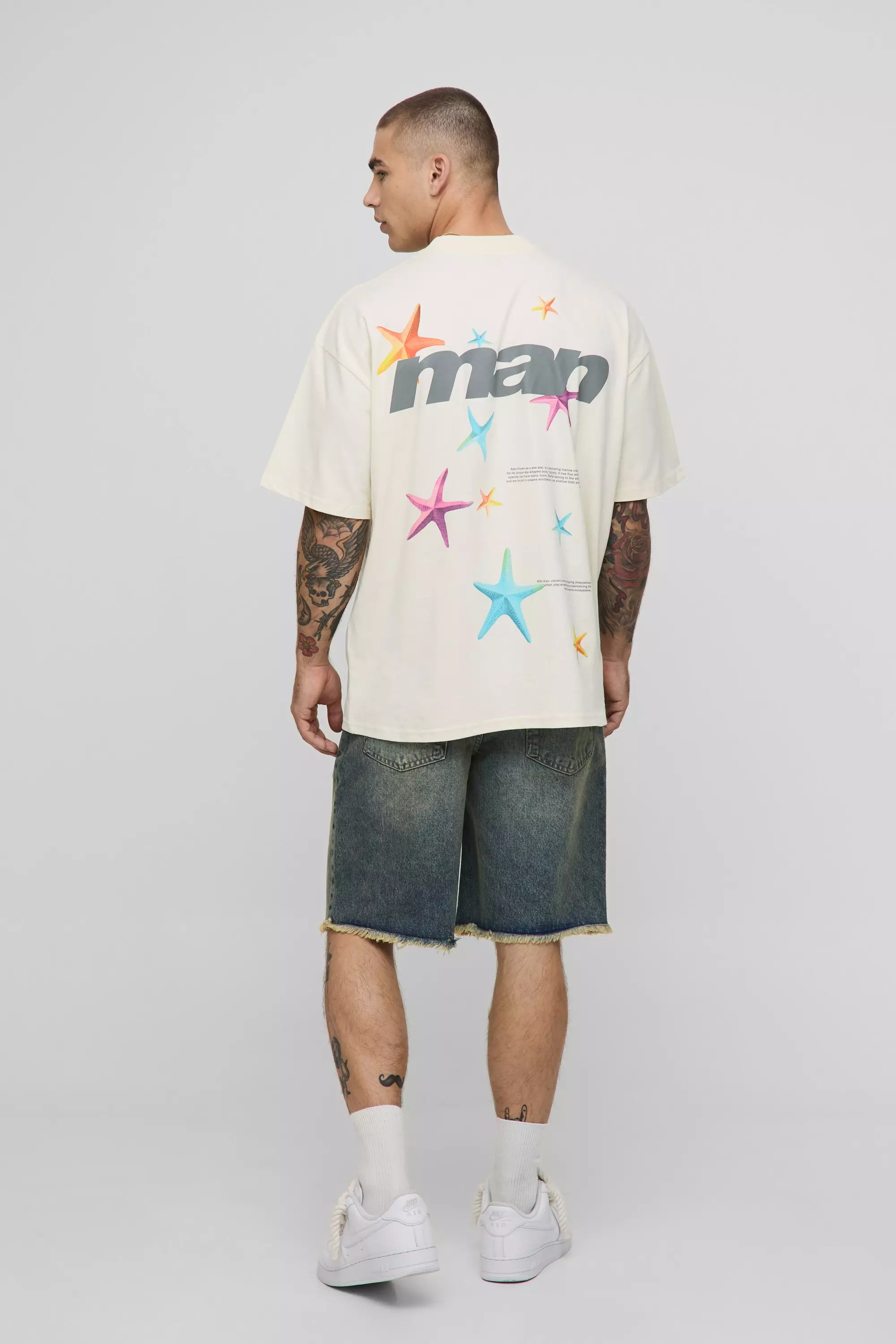 Ecru Oversized Extended Neck Man Multi Star Print T-Shirt | boohooMAN USA