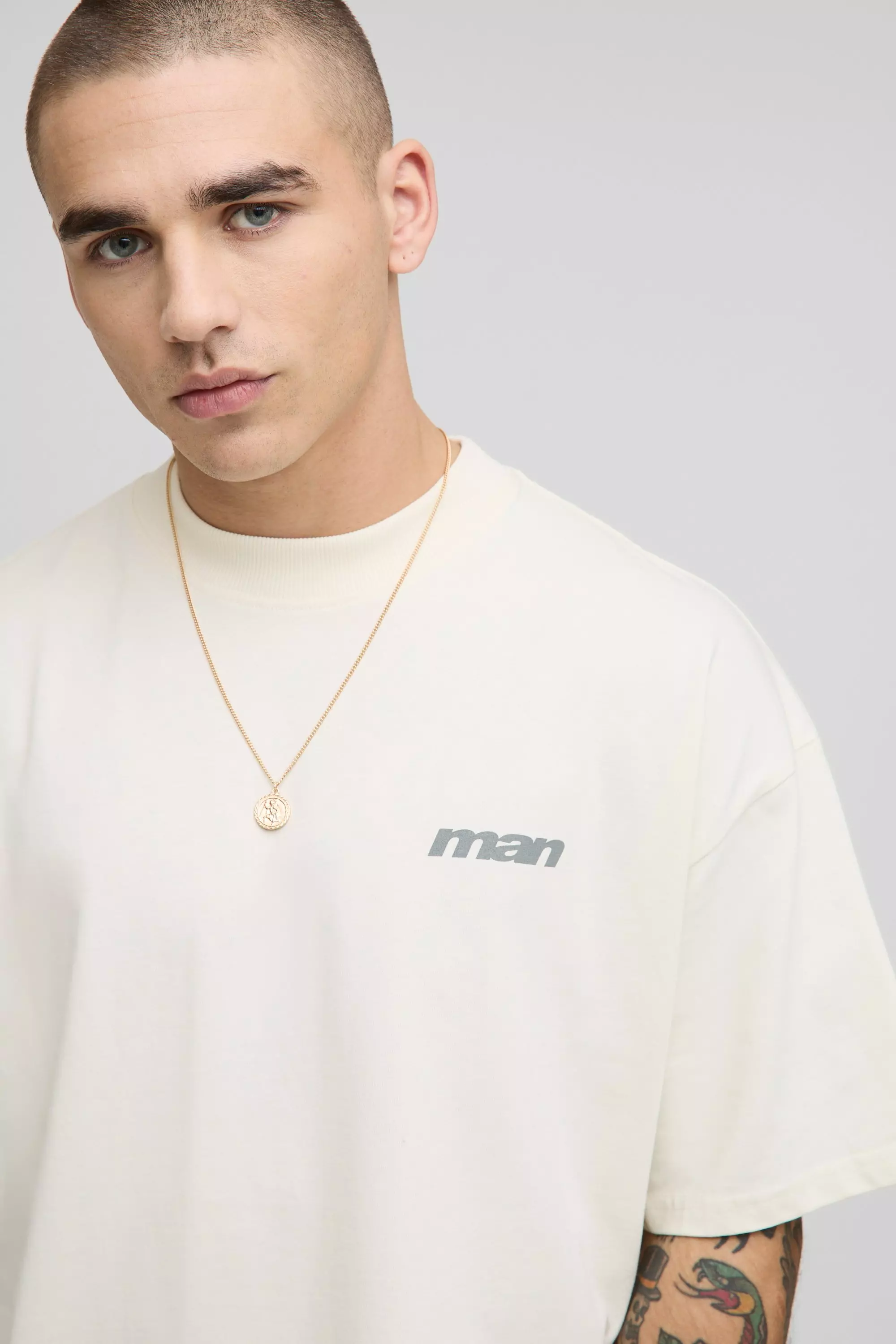 Ecru Oversized Extended Neck Man Multi Star Print T-Shirt | boohooMAN USA