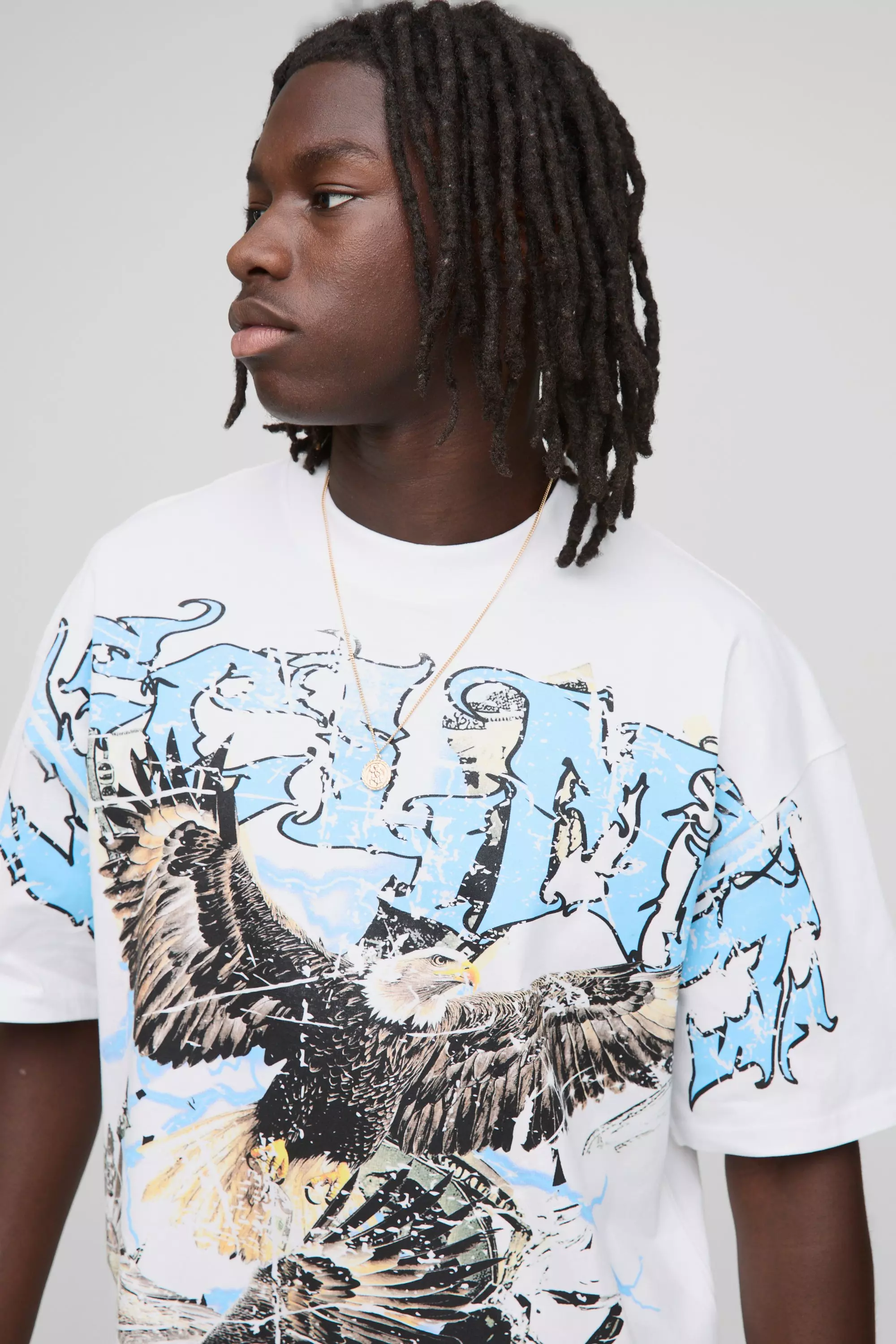 White Oversized Extended Neck Ofcl MAN Eagle Over The Seam Printed T-Shirt | boohooMAN USA