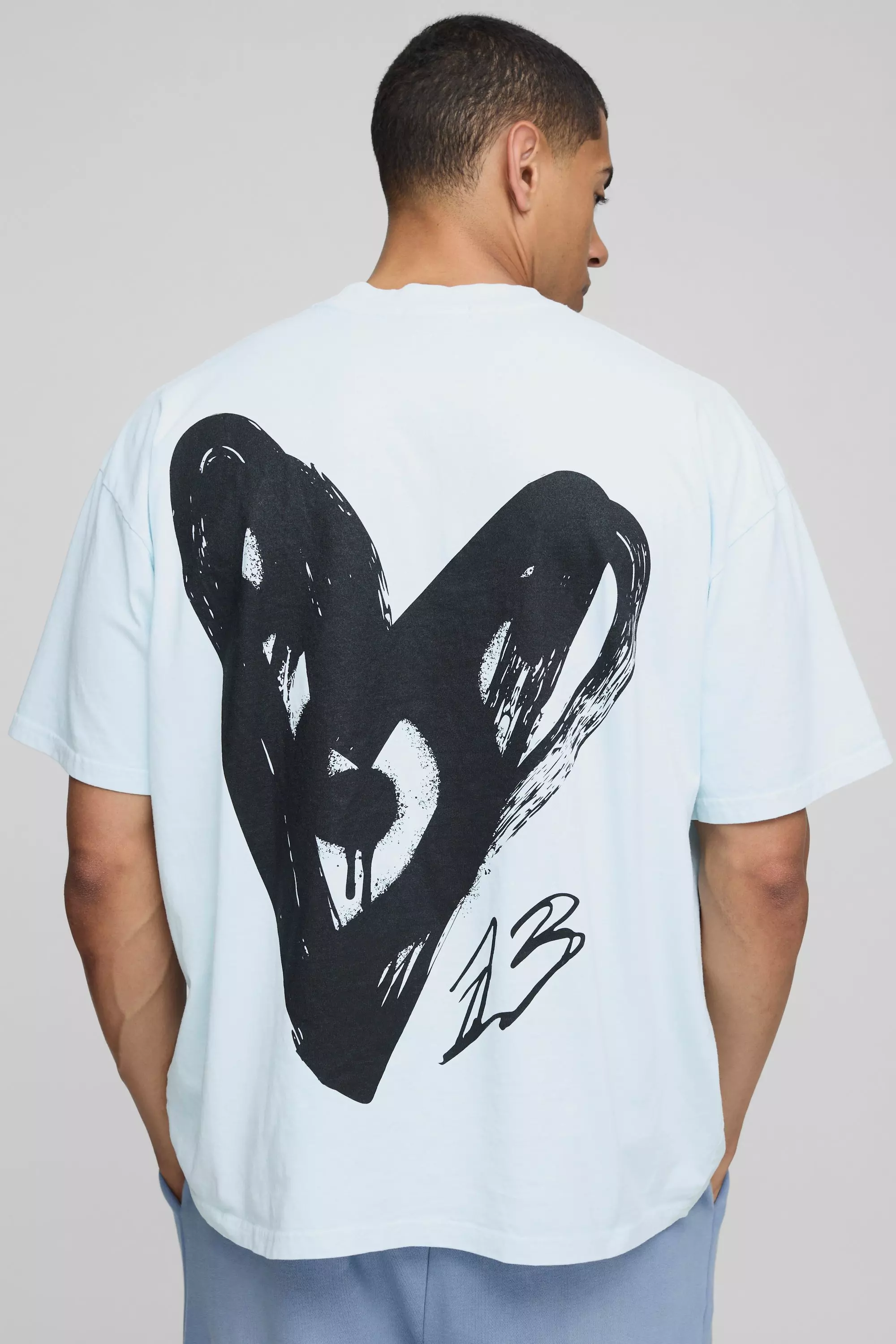 Blue Light Blue Oversized Extended Neck Graffiti Heart Washed Printed T-Shirt