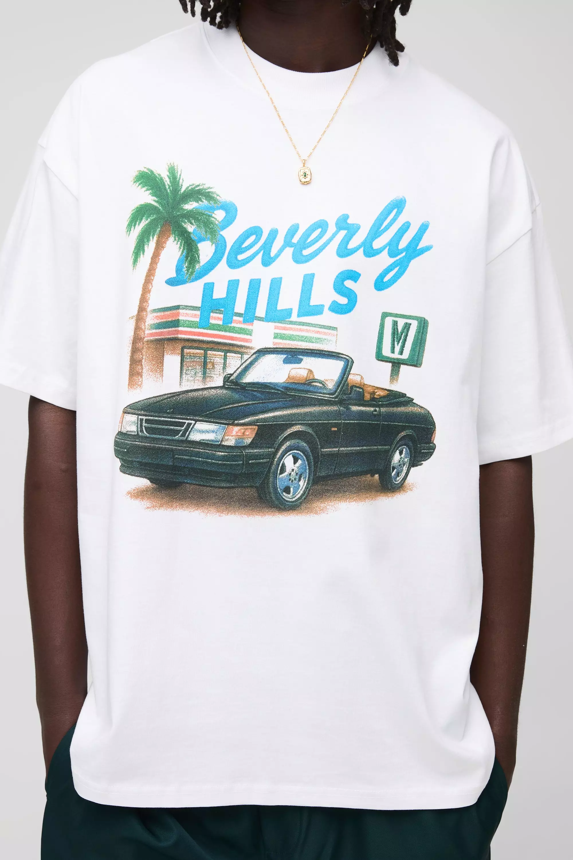 White Oversized Extended Neck Beverly Hills Palm T-Shirt White