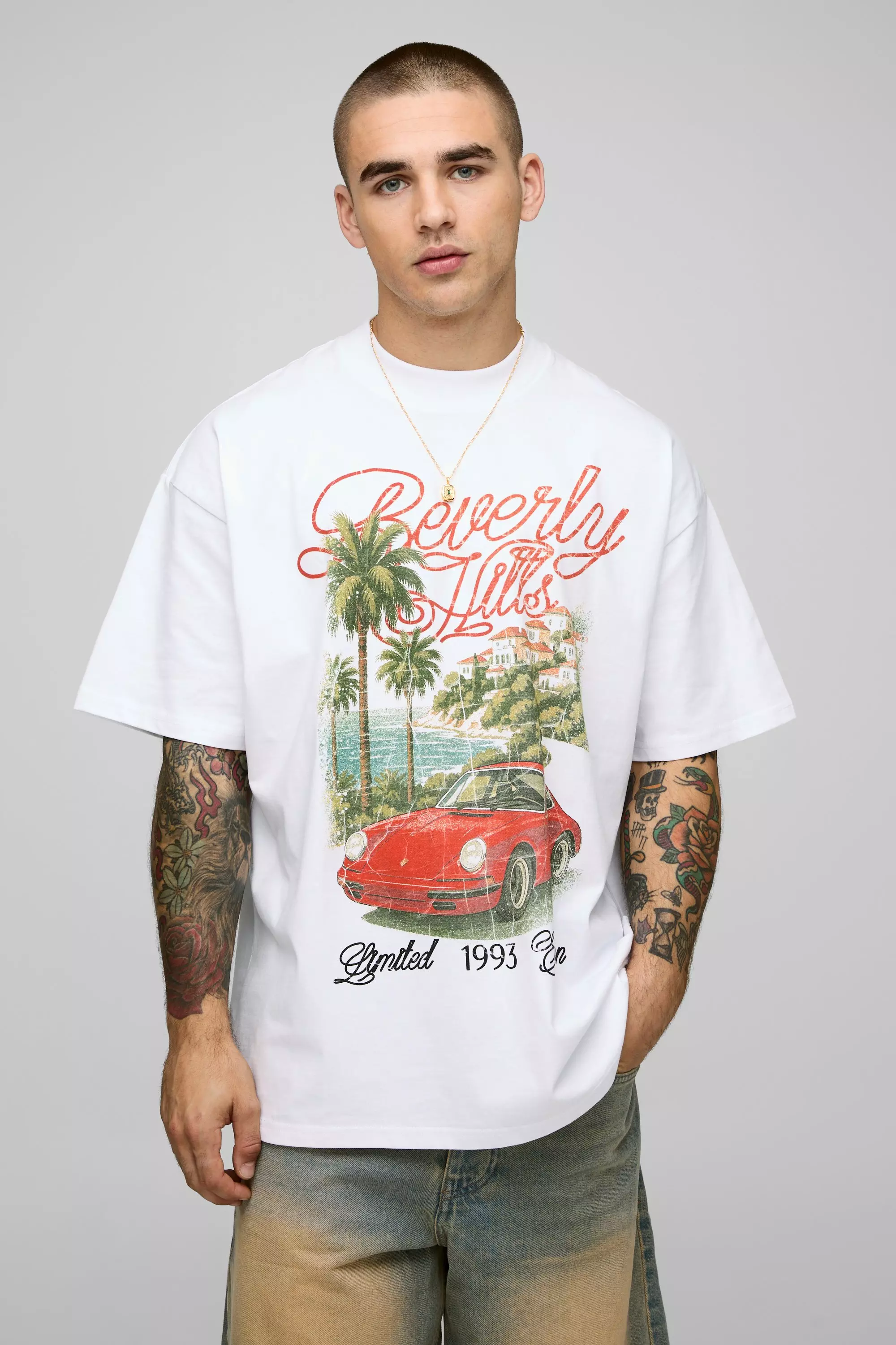White Oversized Extended Neck Palm Moto Printed T-Shirt alternative image