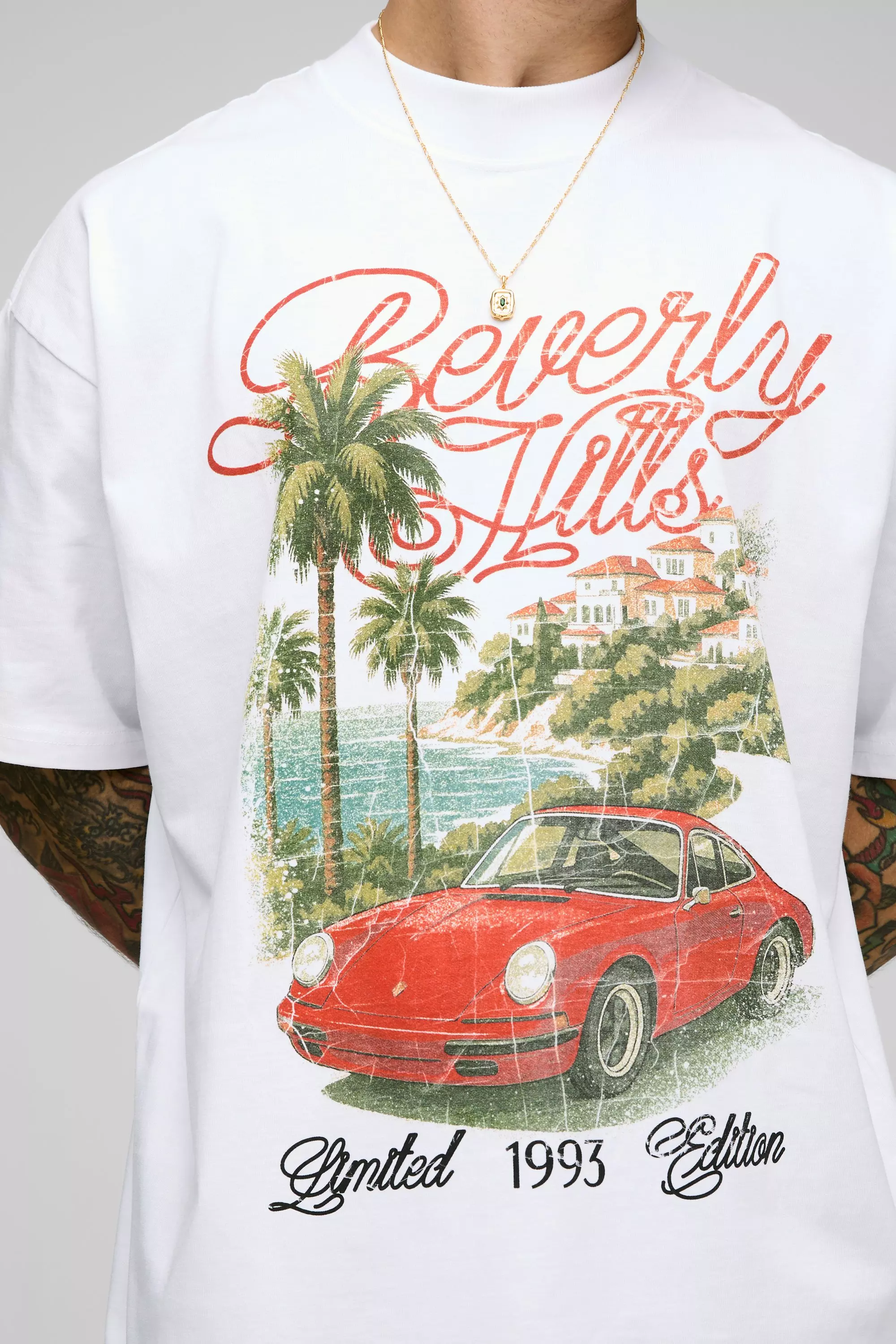 White Oversized Extended Neck Palm Moto Printed T-Shirt alternative image