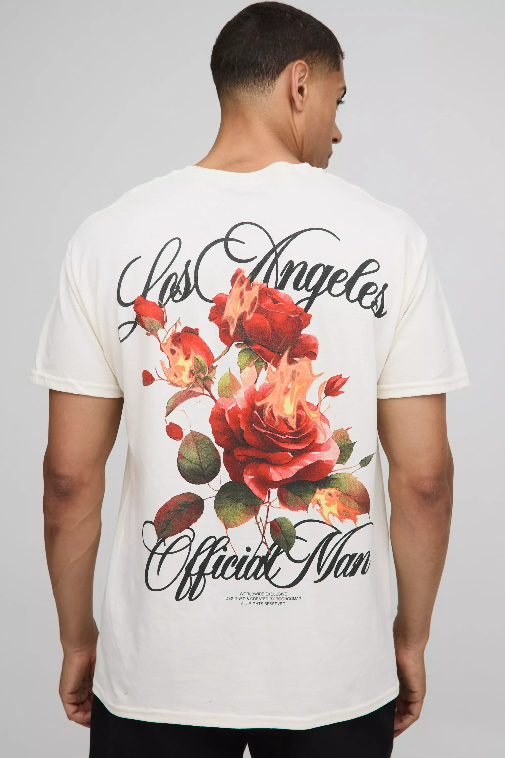 Ecru Oversized Man Los Angeles Floral Printed T-Shirt Ecru
