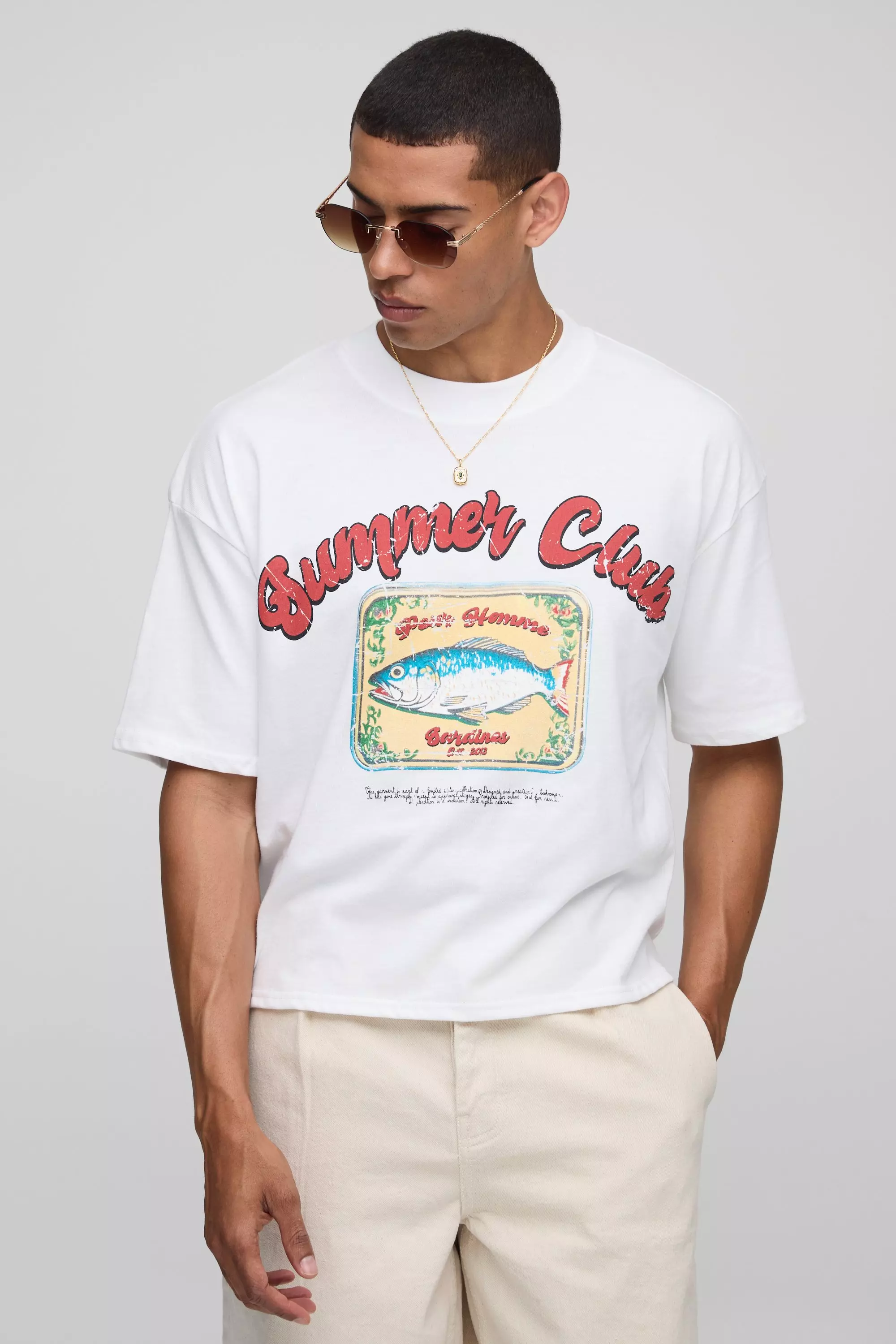 White Oversized Boxy Extended Neck Sardine Summer Club Printed T-Shirt White
