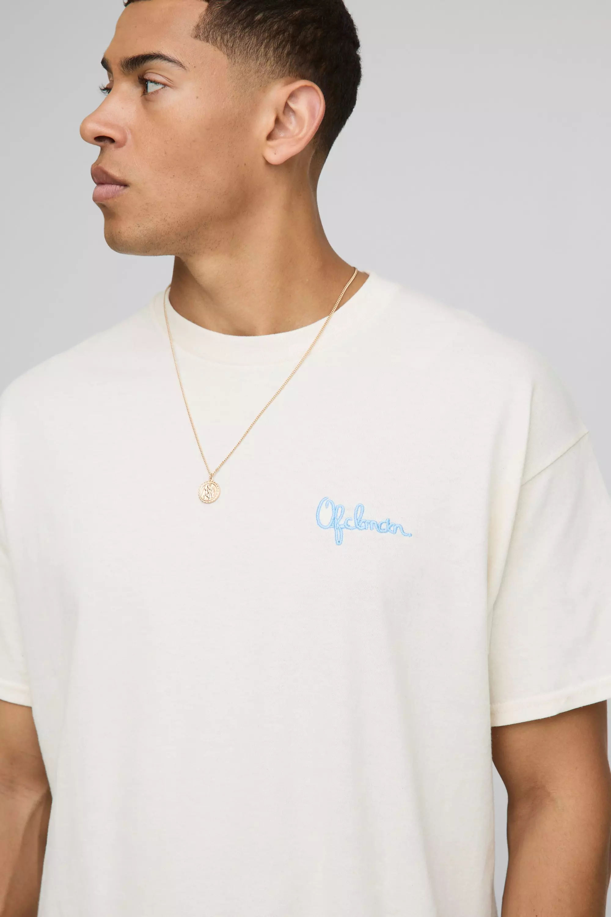 Ecru Oversized Official Man Embroidered Floral T-Shirt | boohooMAN USA