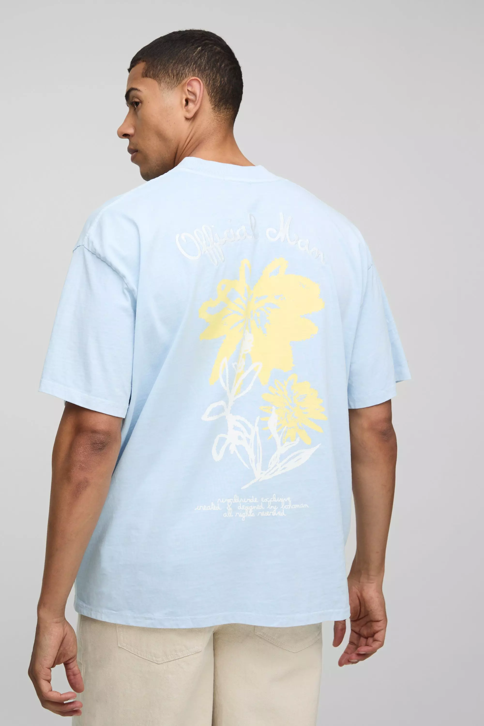 Washed Blue Oversized Extended Neck Official Man Embroidered Floral T-Shirt Blue
