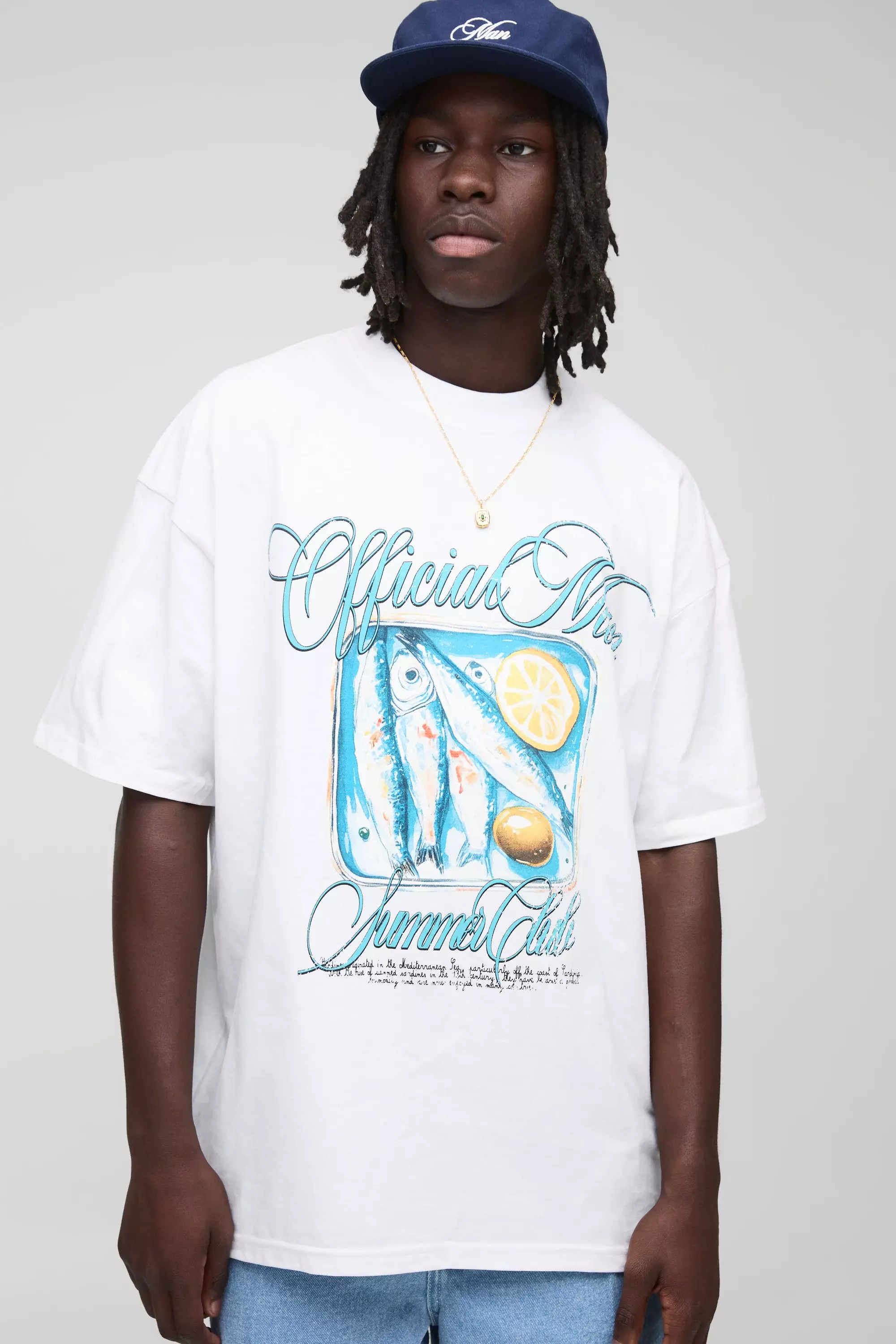 White Oversized Extended Neck Official Man Sardine Printed T-Shirt White
