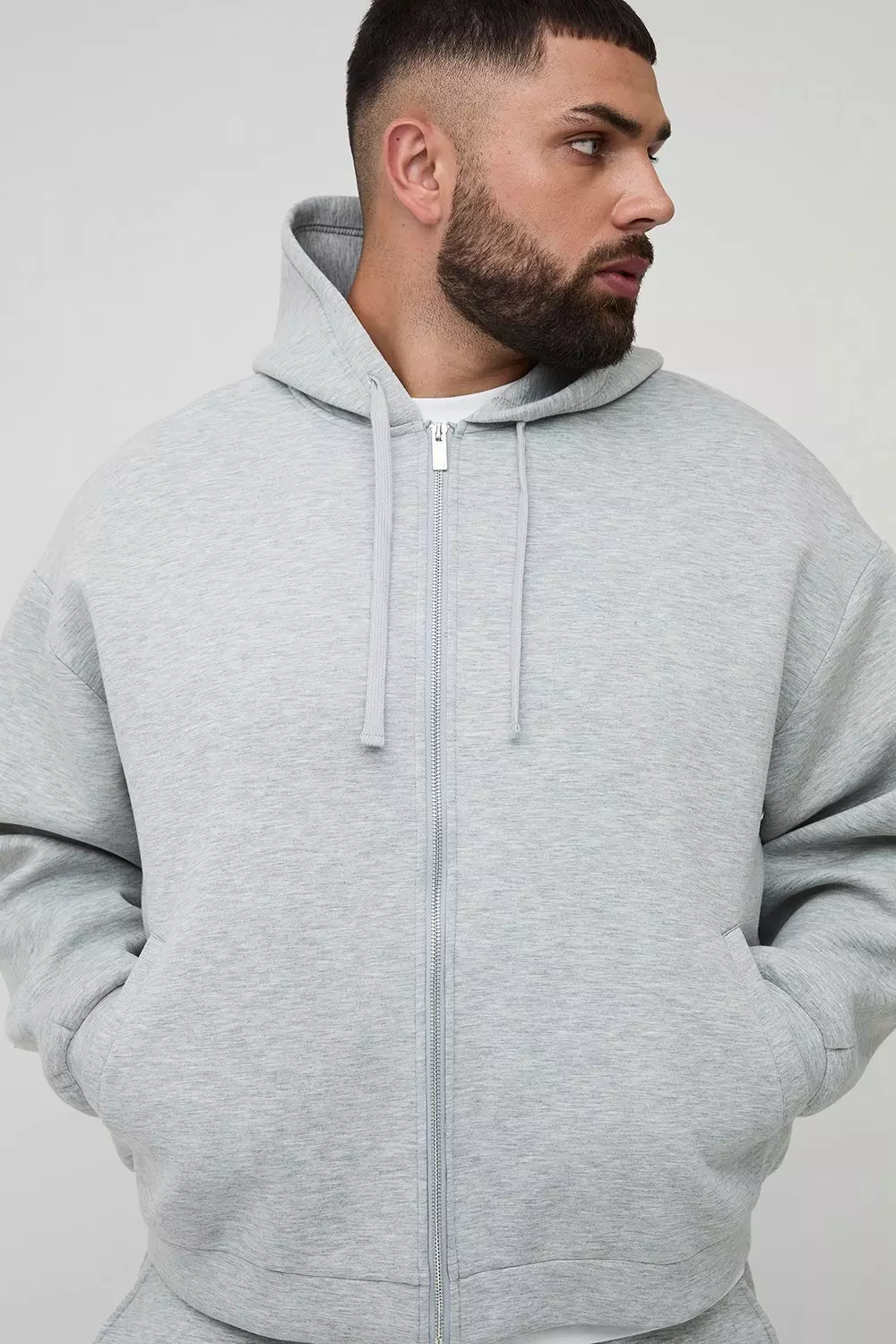 Plus Scuba Marl Embroidered Boxy Oversized Zip Through Hoodie | boohooMAN USA