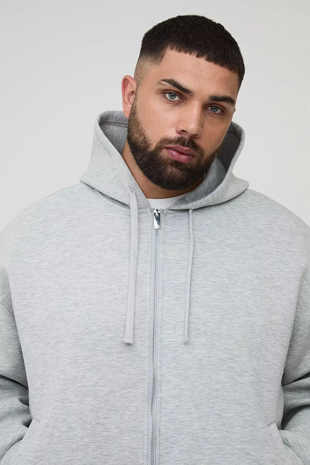 Plus Scuba Marl Embroidered Boxy Oversized Zip Through Hoodie | boohooMAN USA
