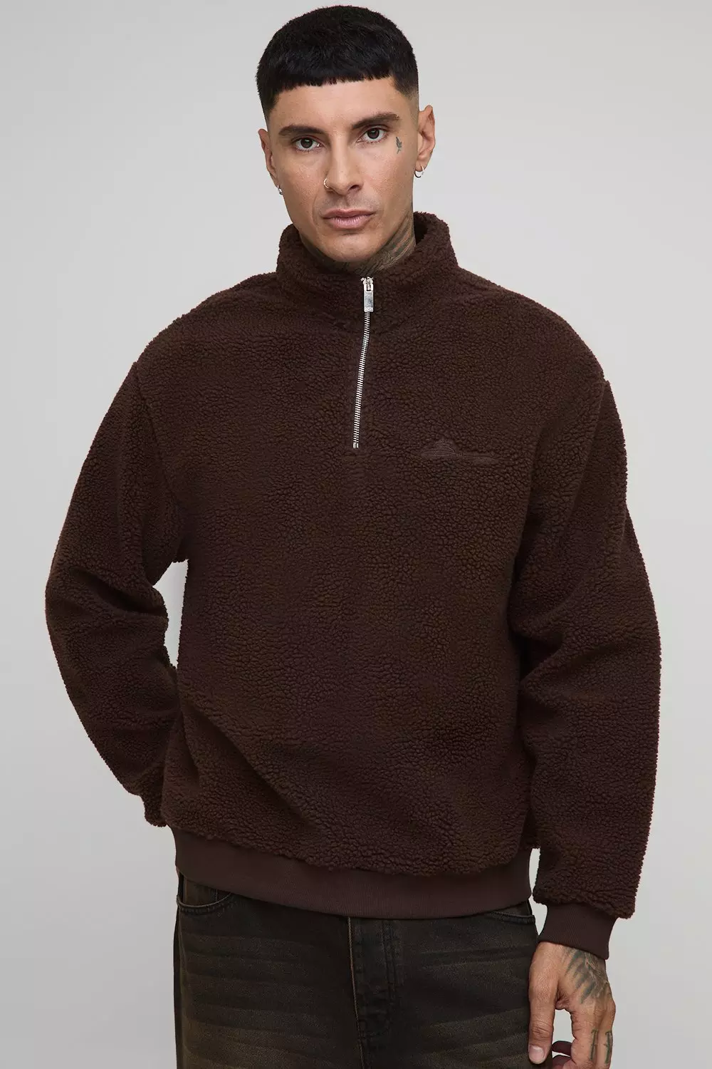 Tall Oversized Borg BHM Embroidered Zip Up Sweat | boohooMAN USA