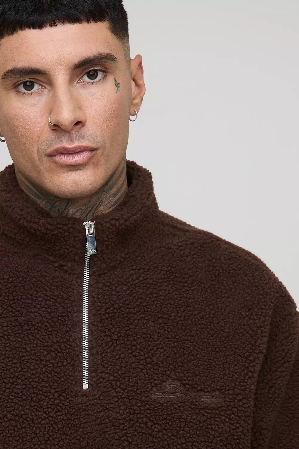 Tall Oversized Borg BHM Embroidered Zip Up Sweat | boohooMAN USA