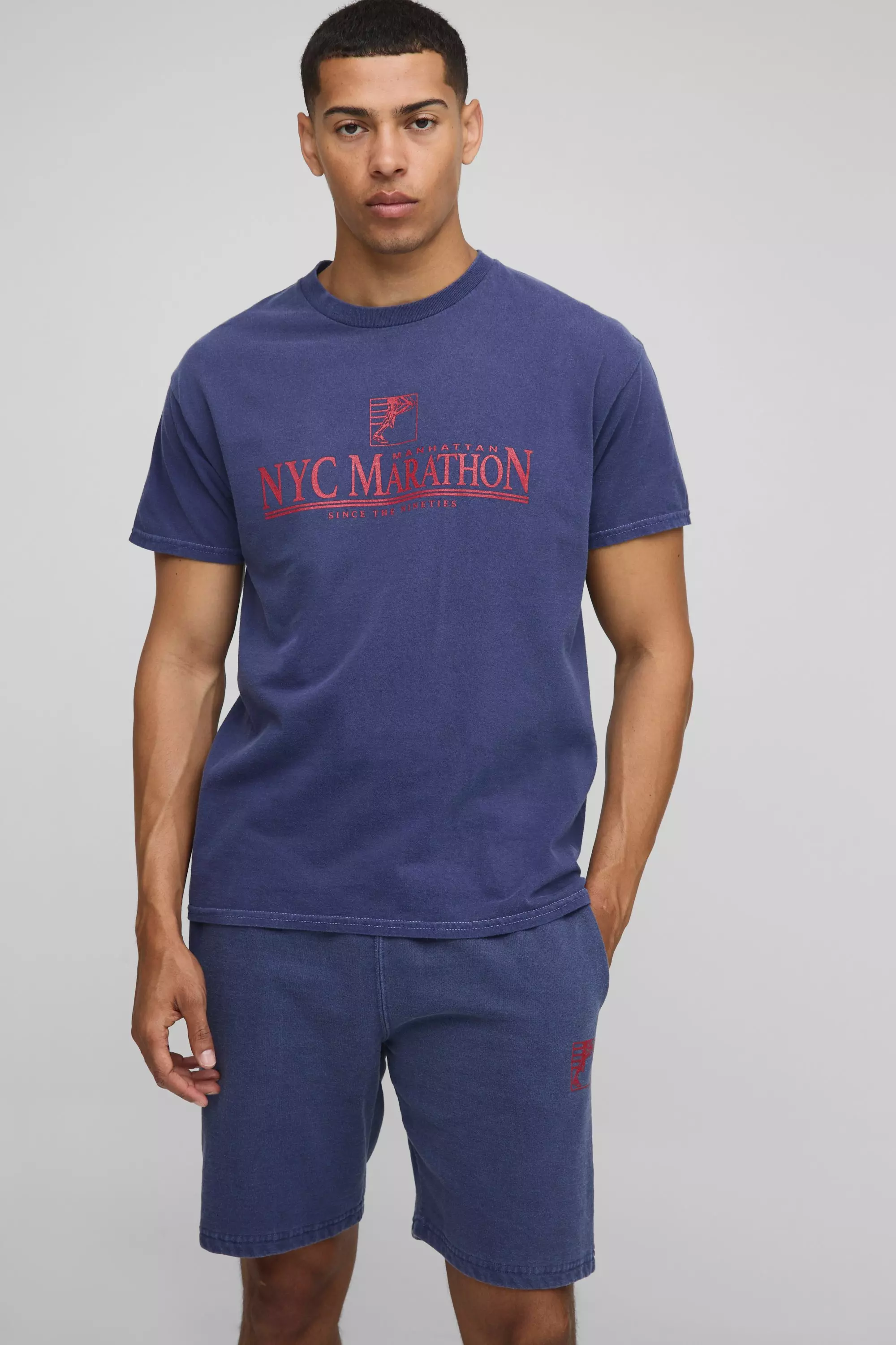 Oversized Washed Marathon T-Shirt And Short Set Navy