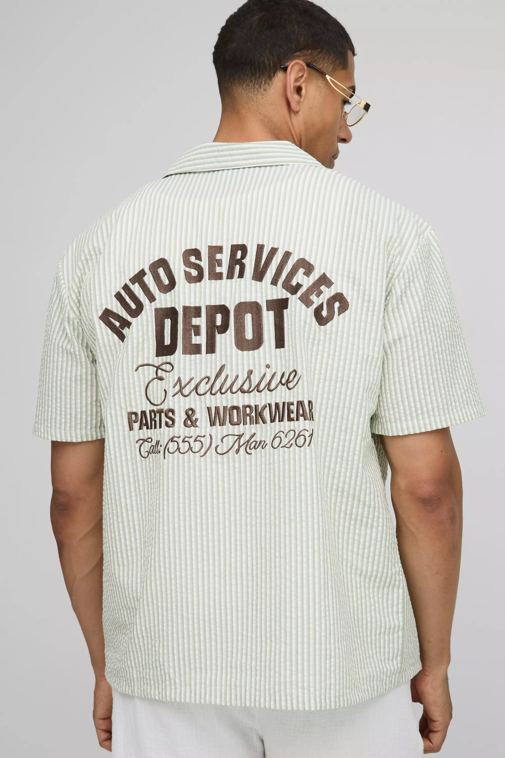 Oversized Seersucker Graphic Revere Shirt | boohooMAN USA