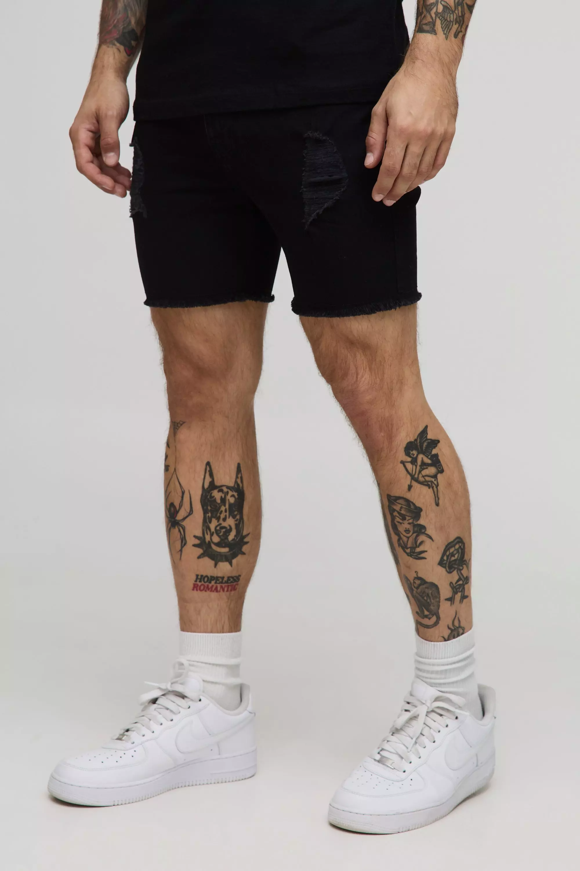 Skinny Stretch Ripped Raw Hem Denim Shorts True black