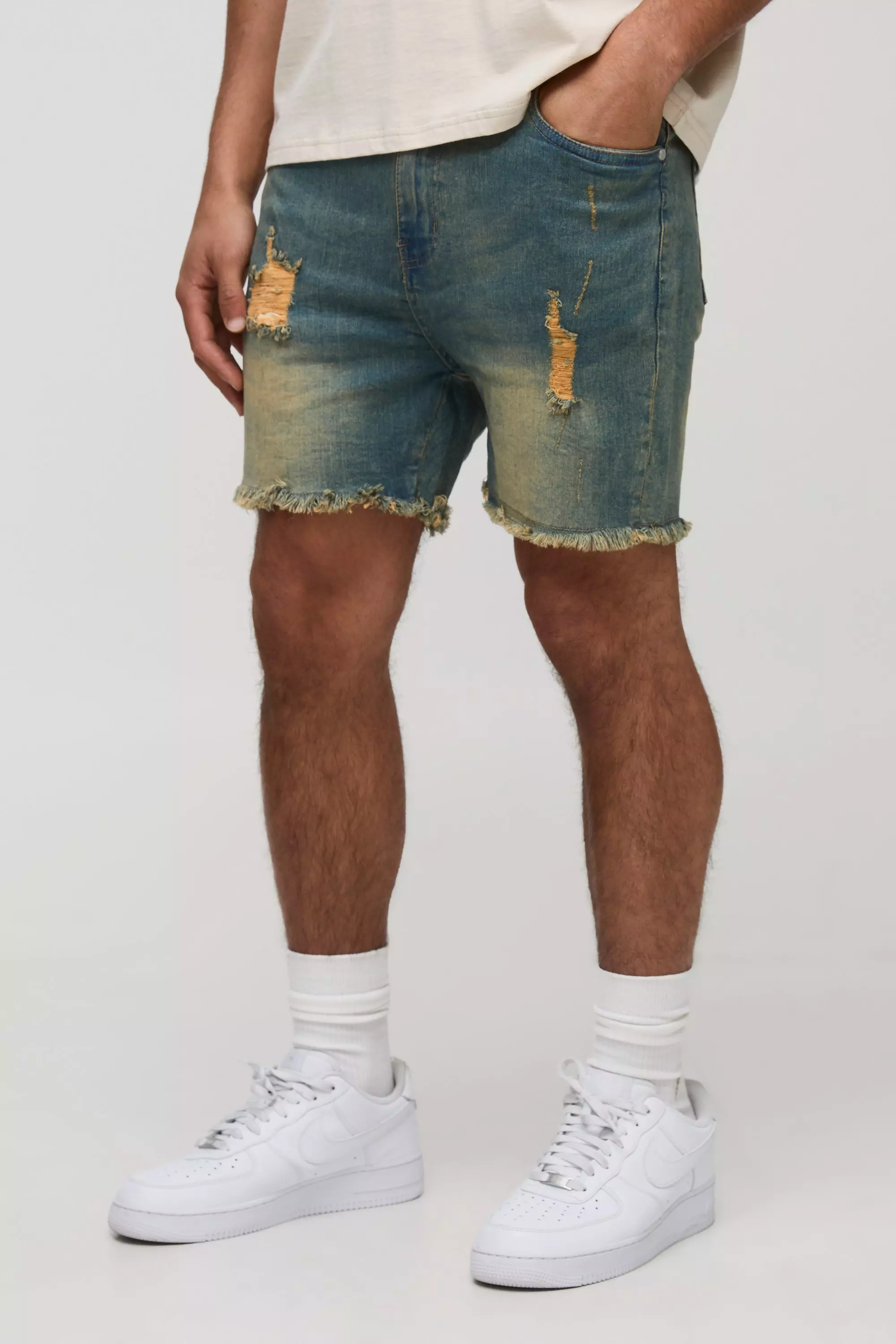 Skinny Stretch Ripped Raw Hem Denim Shorts Antique wash