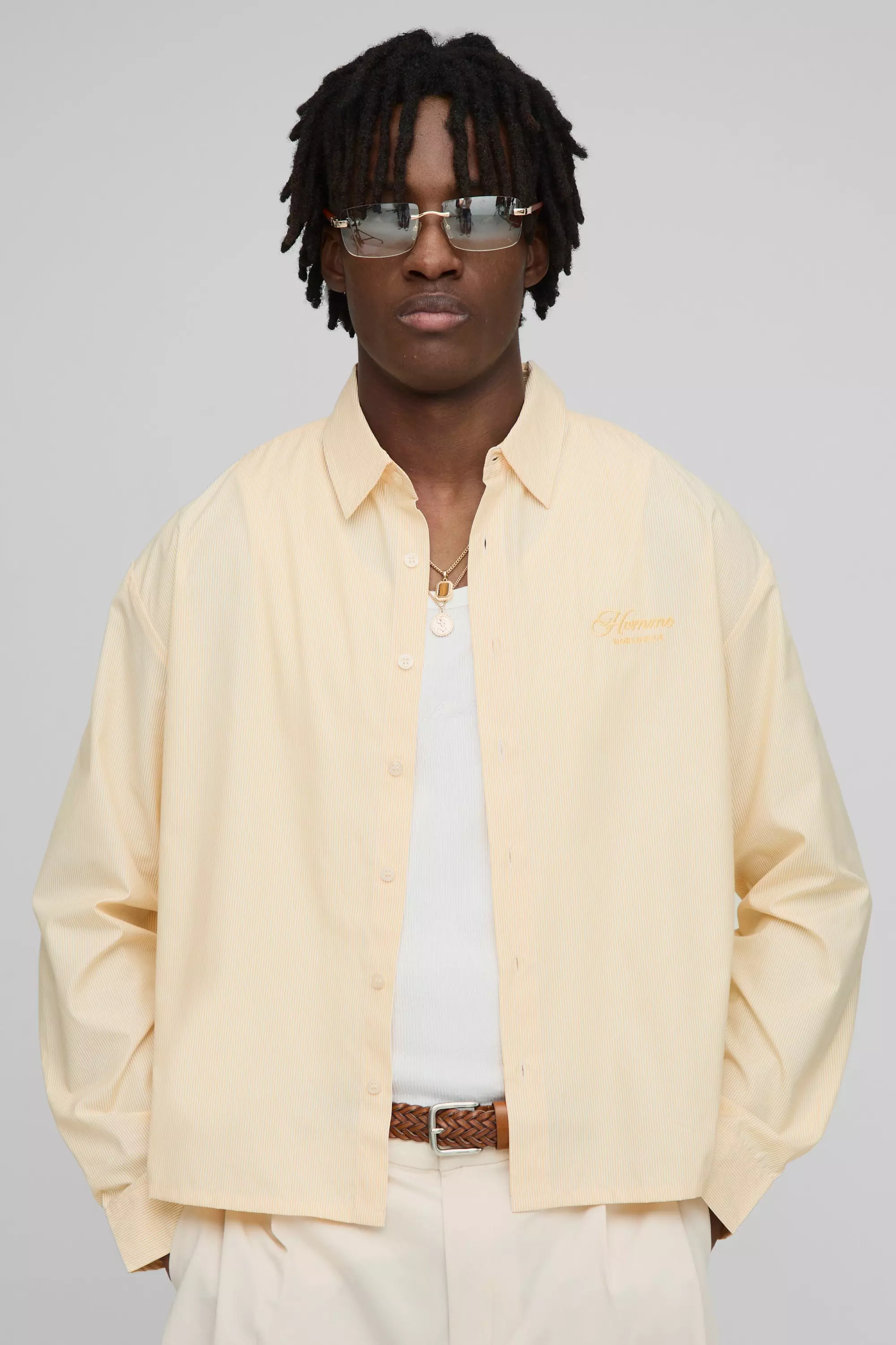 Oversized Boxy Long Sleeve Stripe Embroidered Shirt Yellow